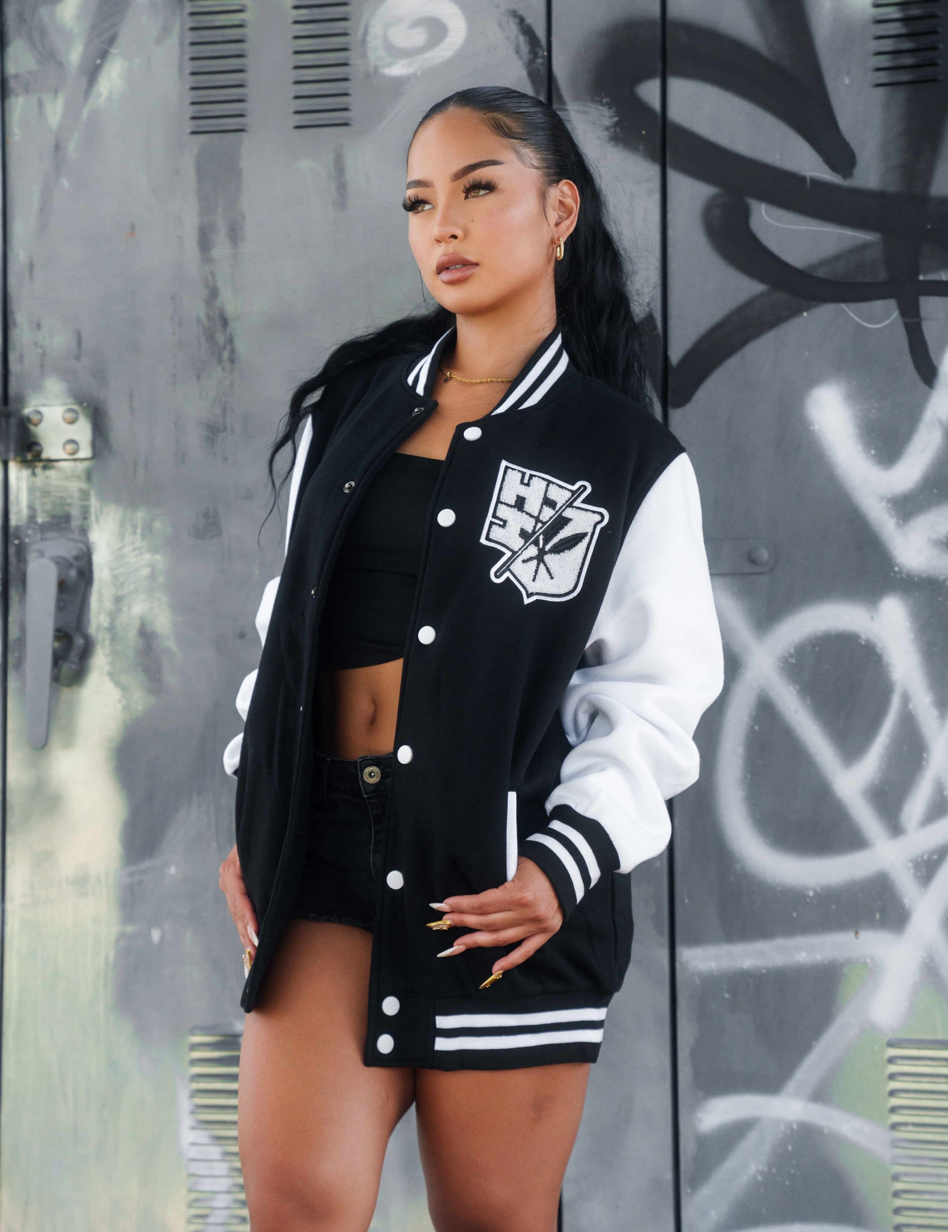 BLACK & WHITE SPLIT LOGO VARSITY JACKET Jacket Hawaii's Finest 