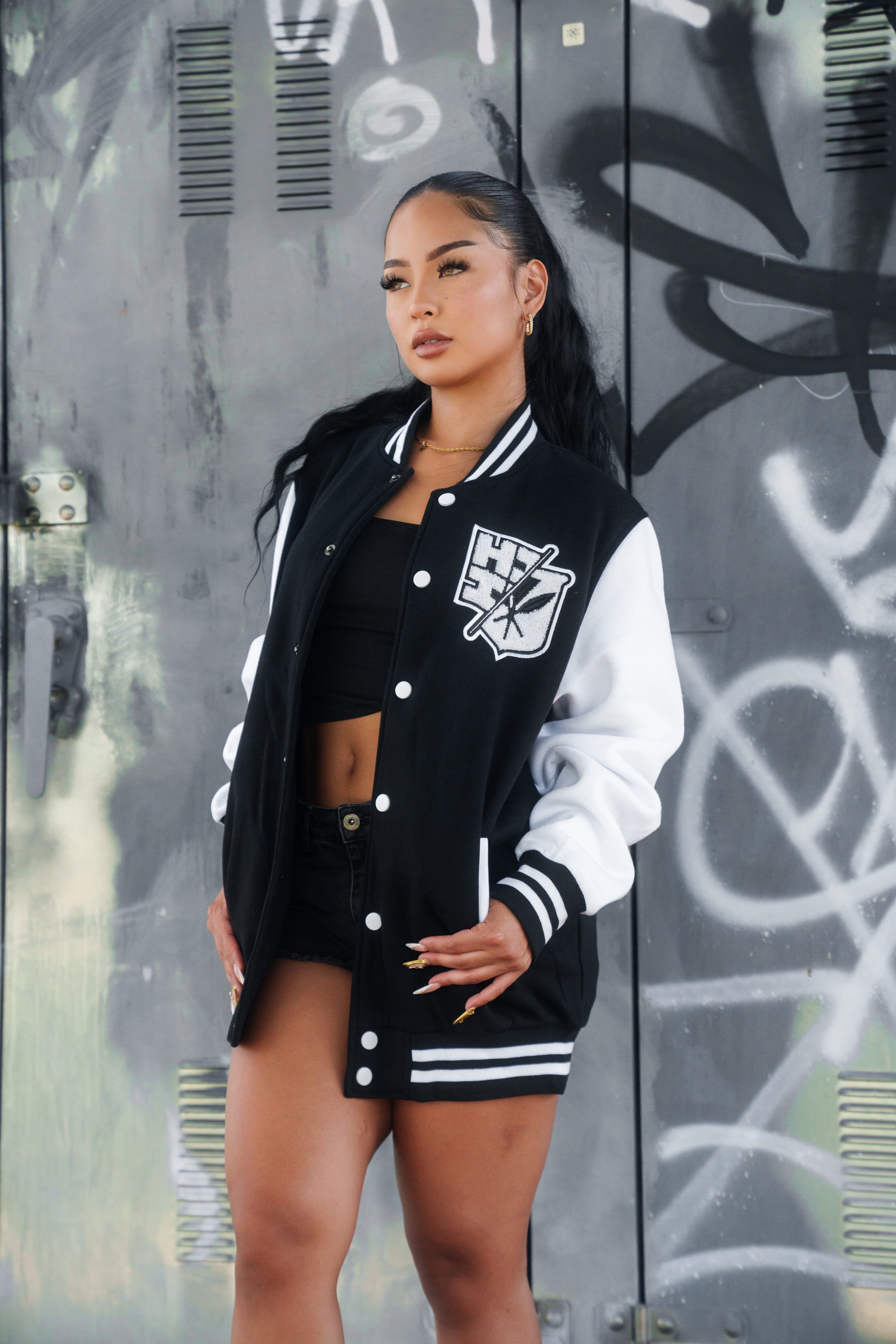 BLACK & WHITE SPLIT LOGO VARSITY JACKET Jacket Hawaii's Finest 