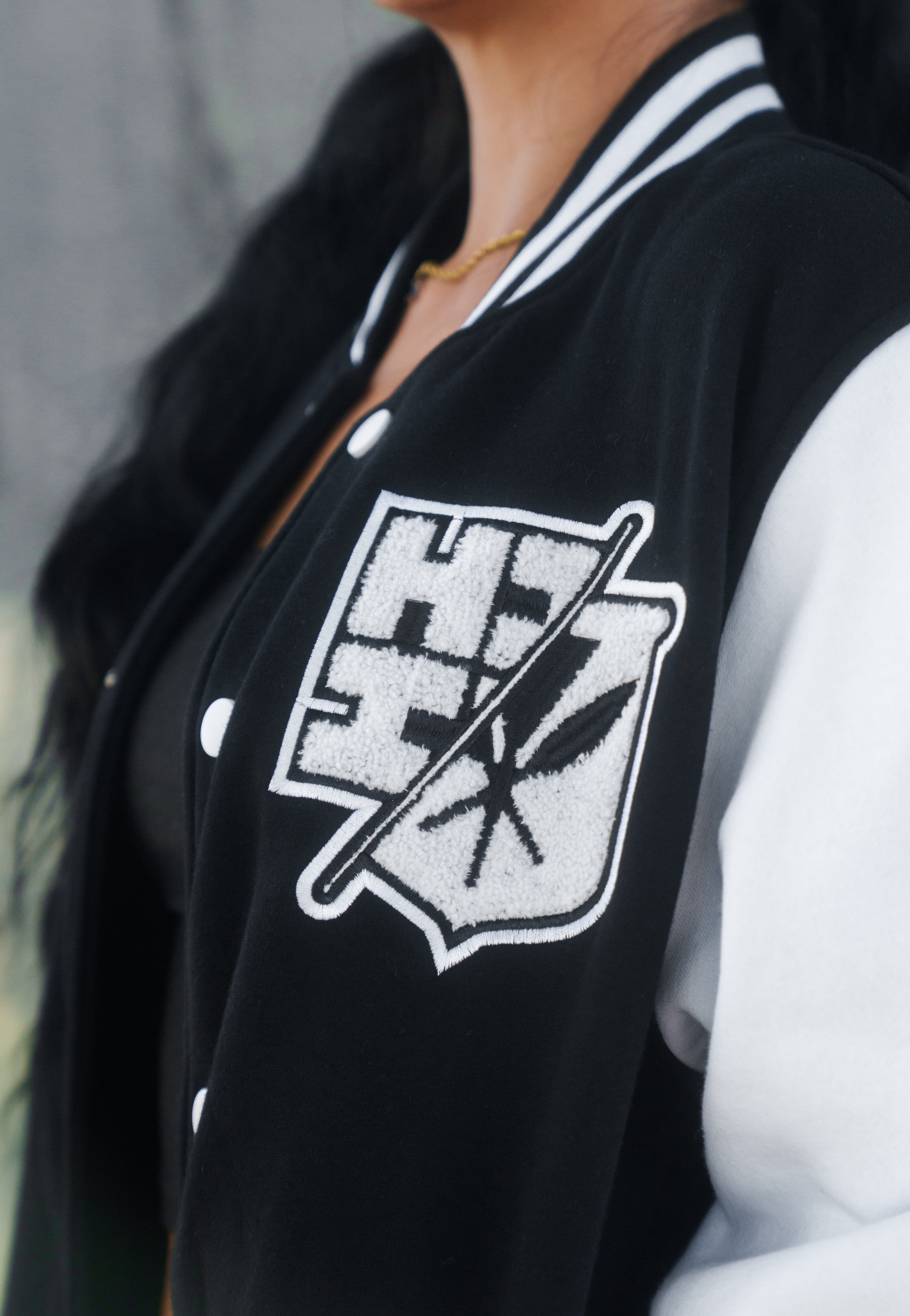 BLACK & WHITE SPLIT LOGO VARSITY JACKET Jacket Hawaii's Finest 