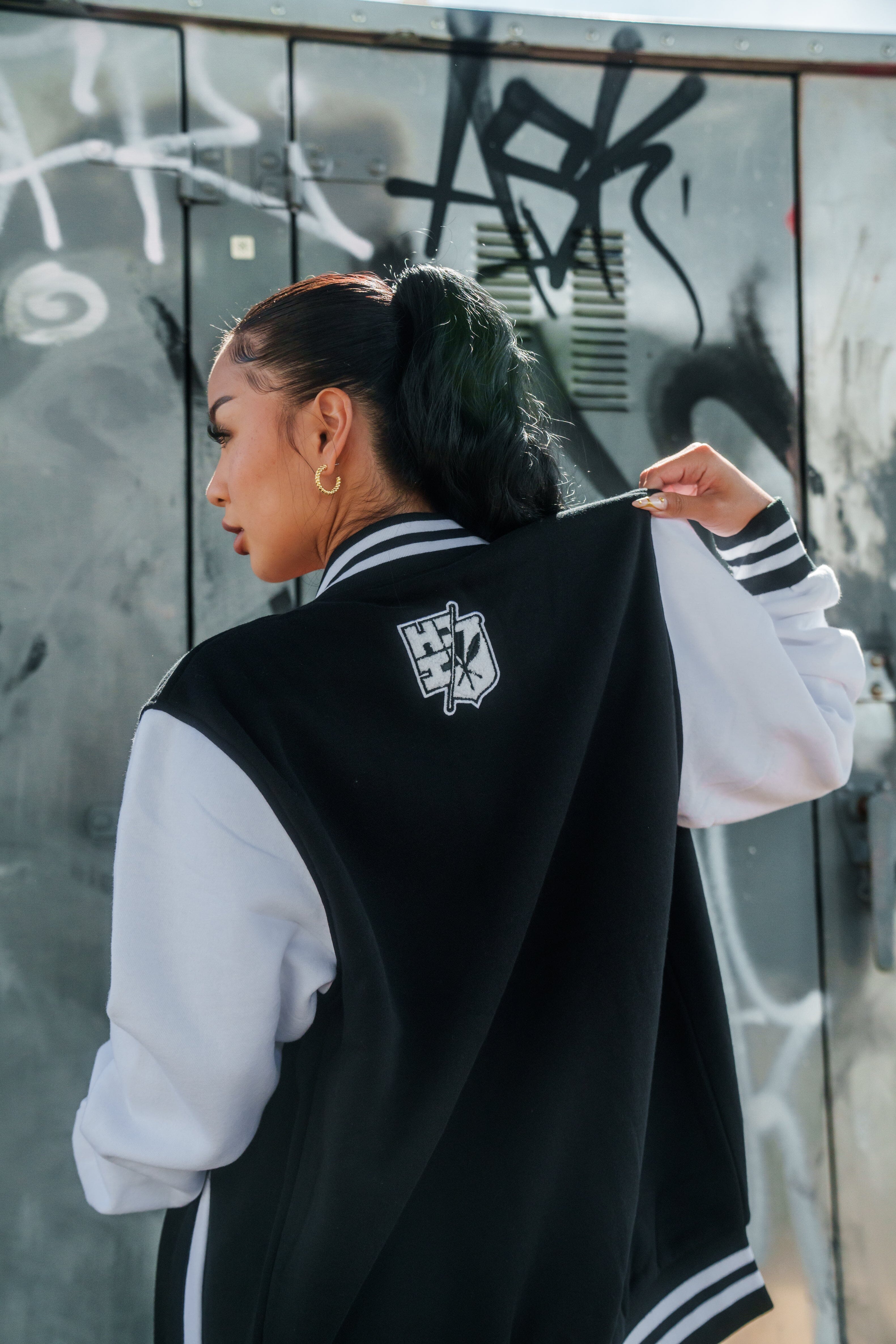 BLACK & WHITE SPLIT LOGO VARSITY JACKET Jacket Hawaii's Finest 