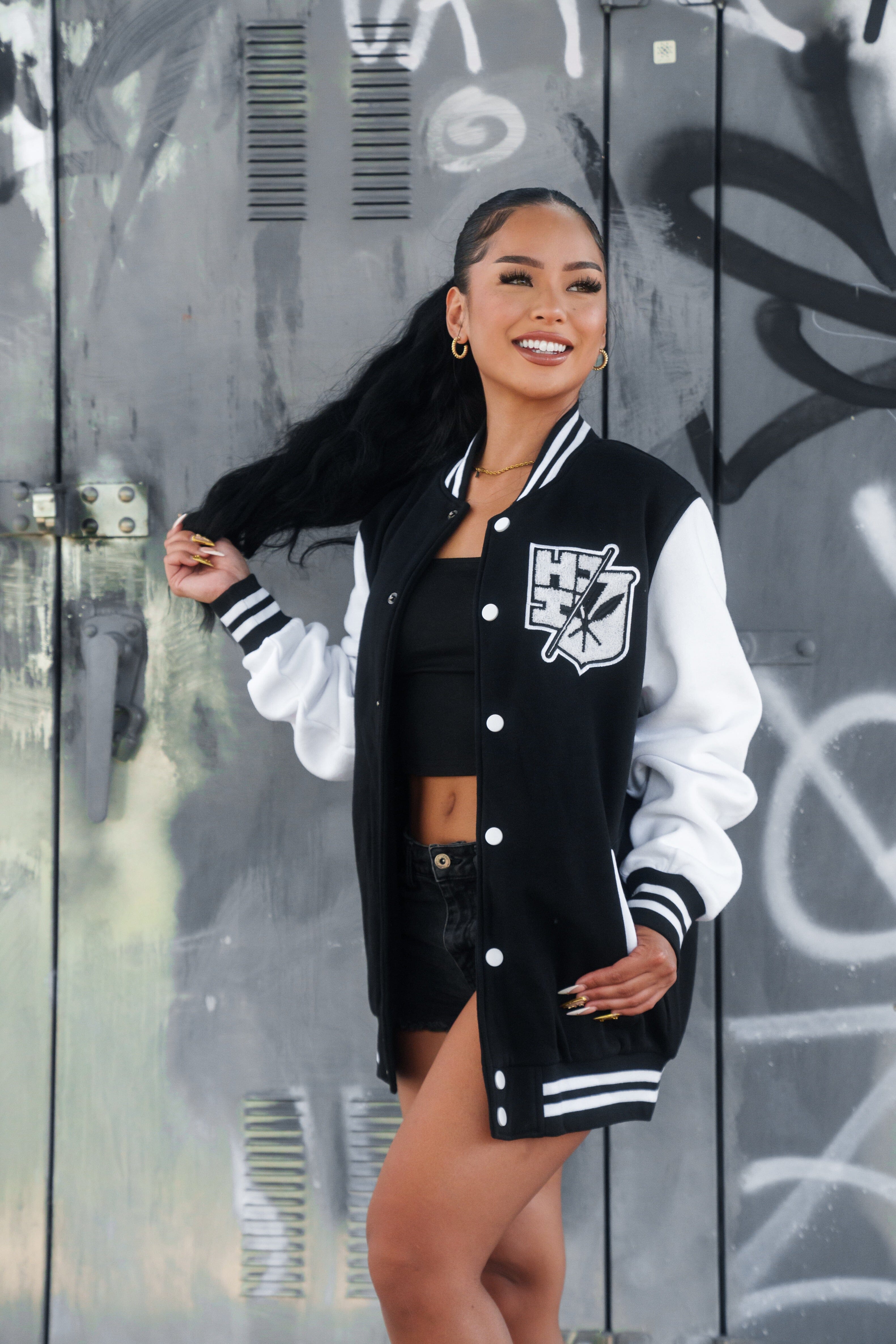 BLACK & WHITE SPLIT LOGO VARSITY JACKET Jacket Hawaii's Finest X-SMALL 