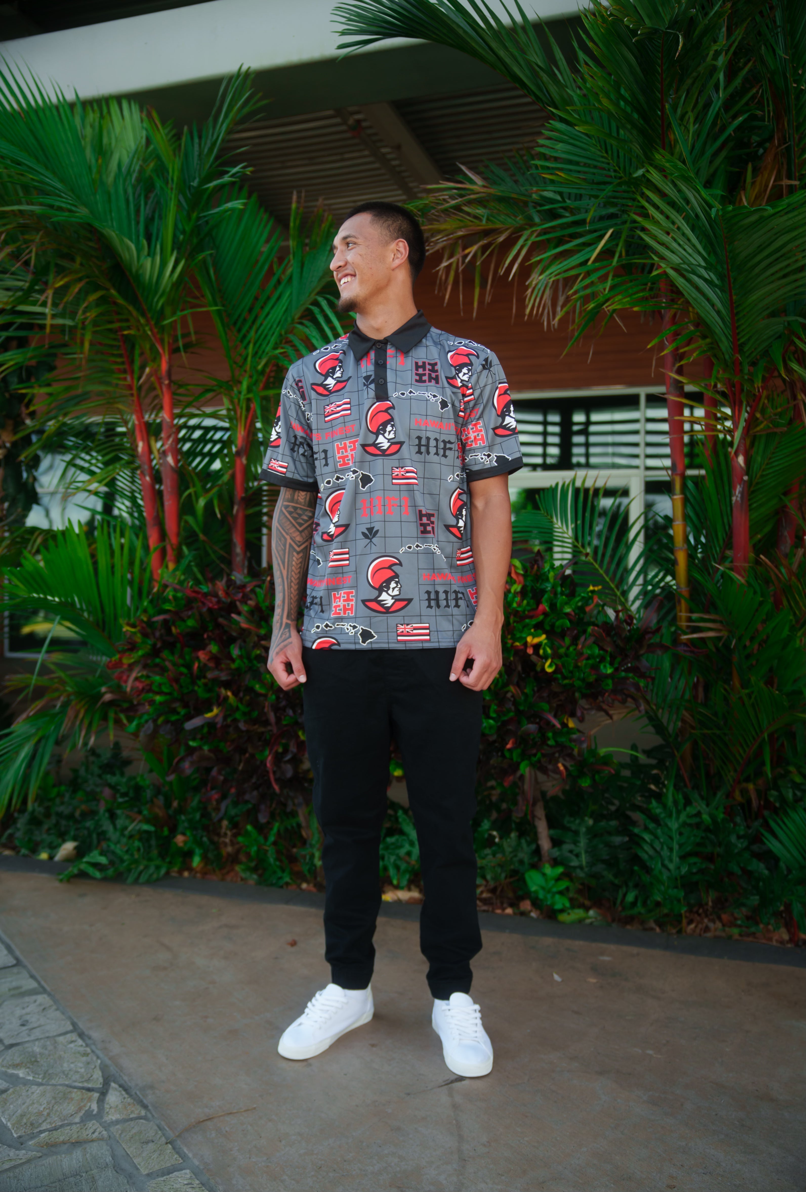 CHARCOAL & RED KOA GOLF SHIRT Jersey Hawaii's Finest 