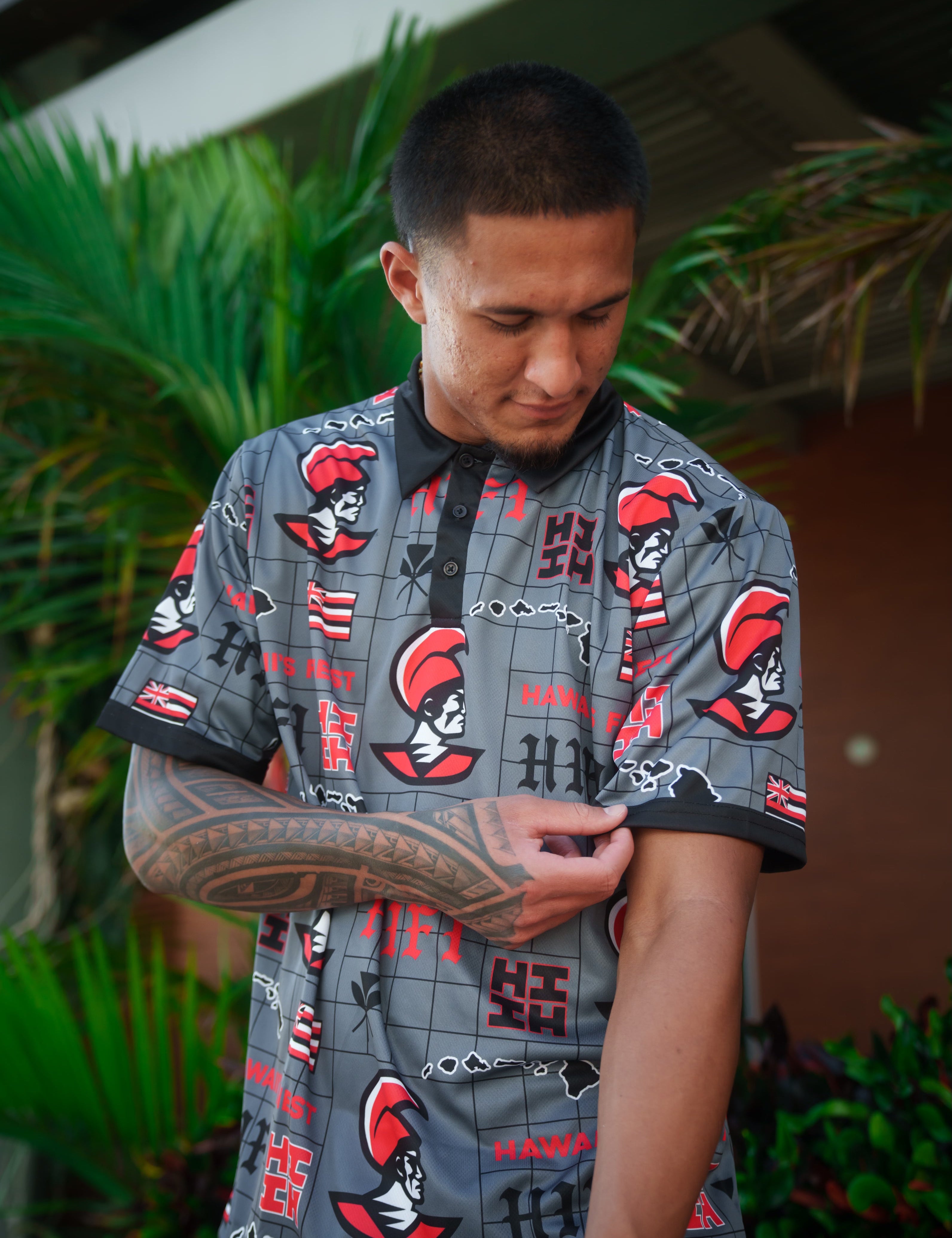 CHARCOAL & RED KOA GOLF SHIRT Jersey Hawaii's Finest SMALL 