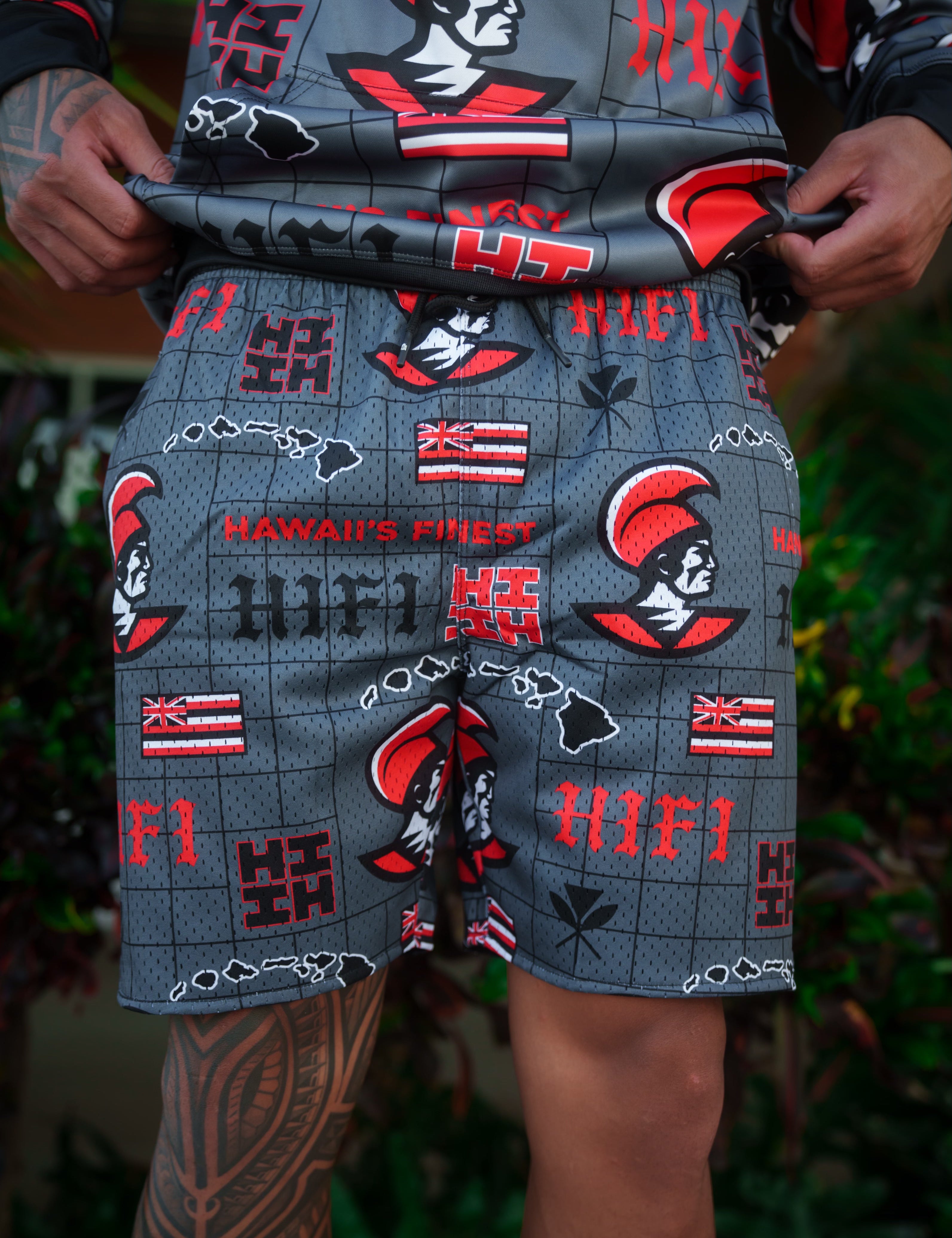 CHARCOAL & RED KOA MESH SHORTS Shorts Hawaii's Finest SMALL 