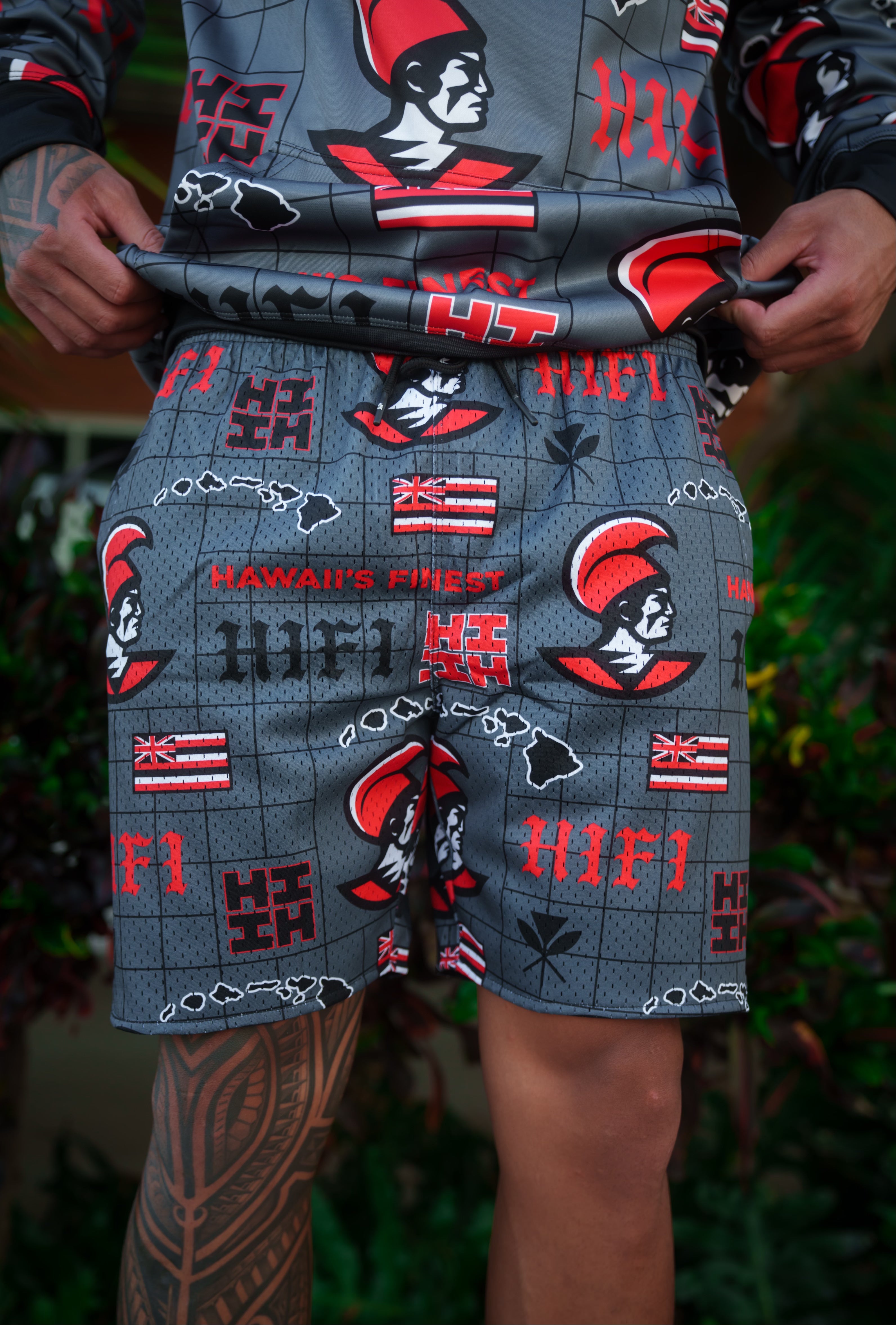 CHARCOAL & RED KOA MESH SHORTS Shorts Hawaii's Finest SMALL 