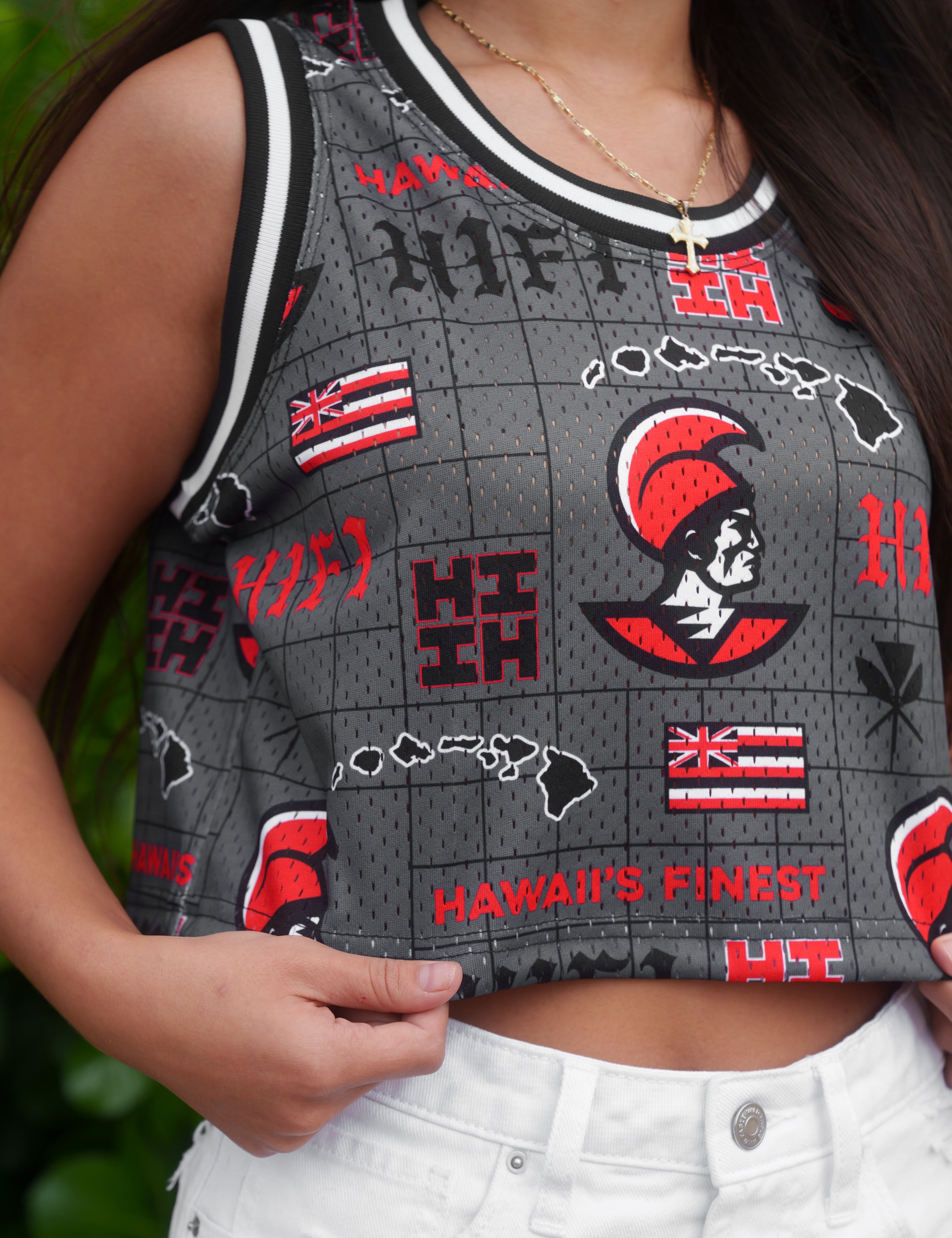 CHARCOAL & RED KOA WOMEN'S CROP BASKETBALL JERSEY Jersey Hawaii's Finest 