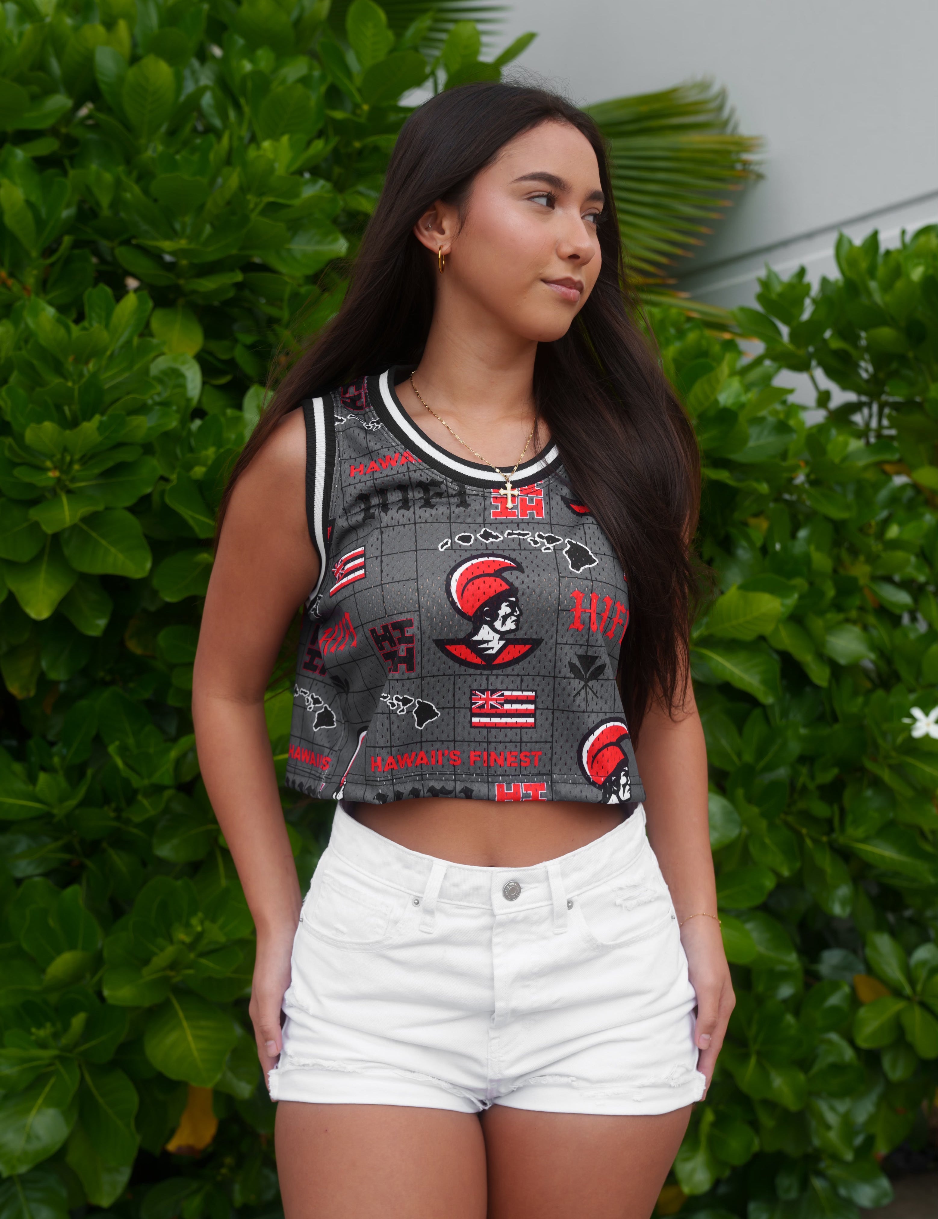 CHARCOAL & RED KOA WOMEN'S CROP BASKETBALL JERSEY Jersey Hawaii's Finest X-SMALL 