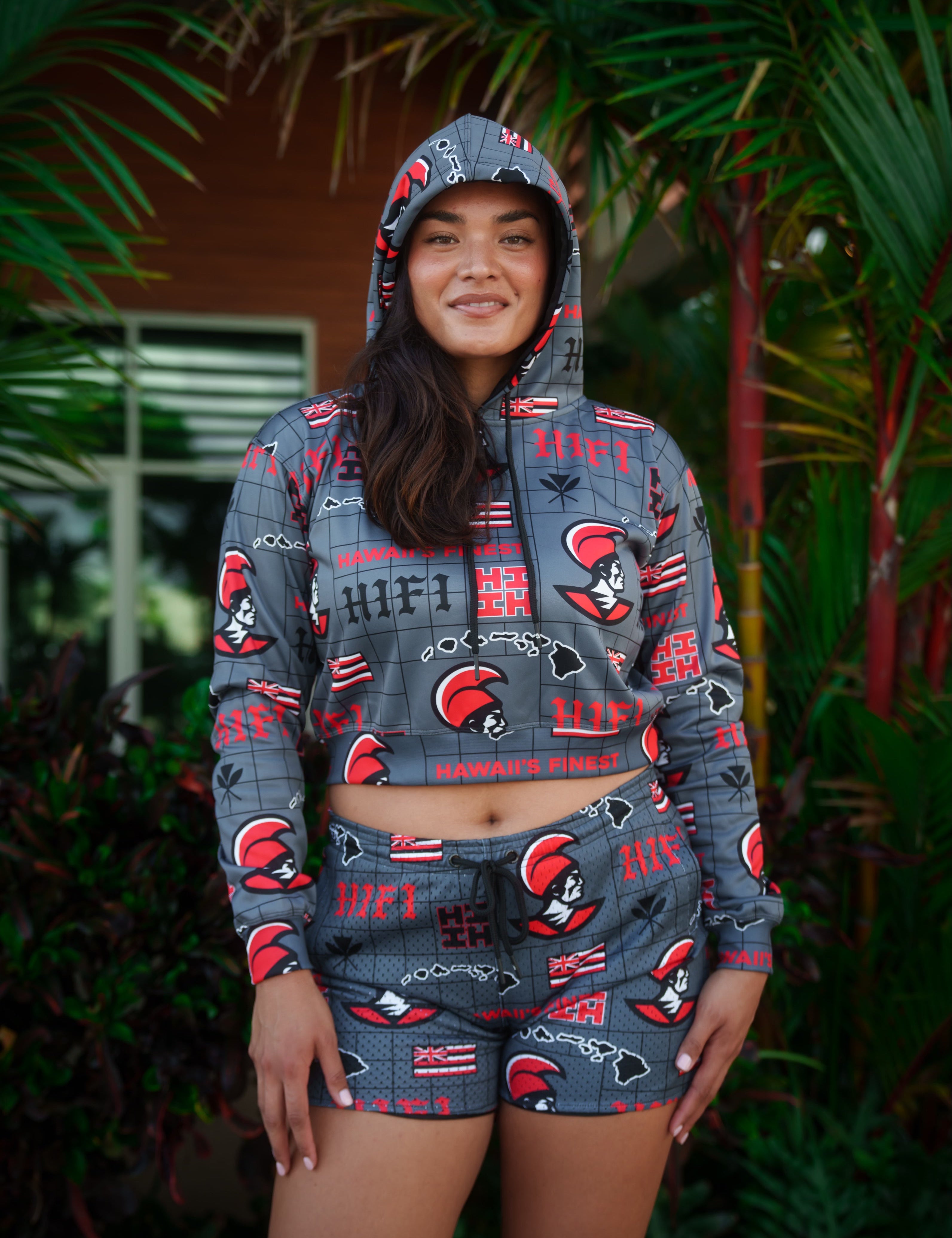 CHARCOAL & RED KOA WOMEN'S CROP HOODIE Jacket Hawaii's Finest X-SMALL 