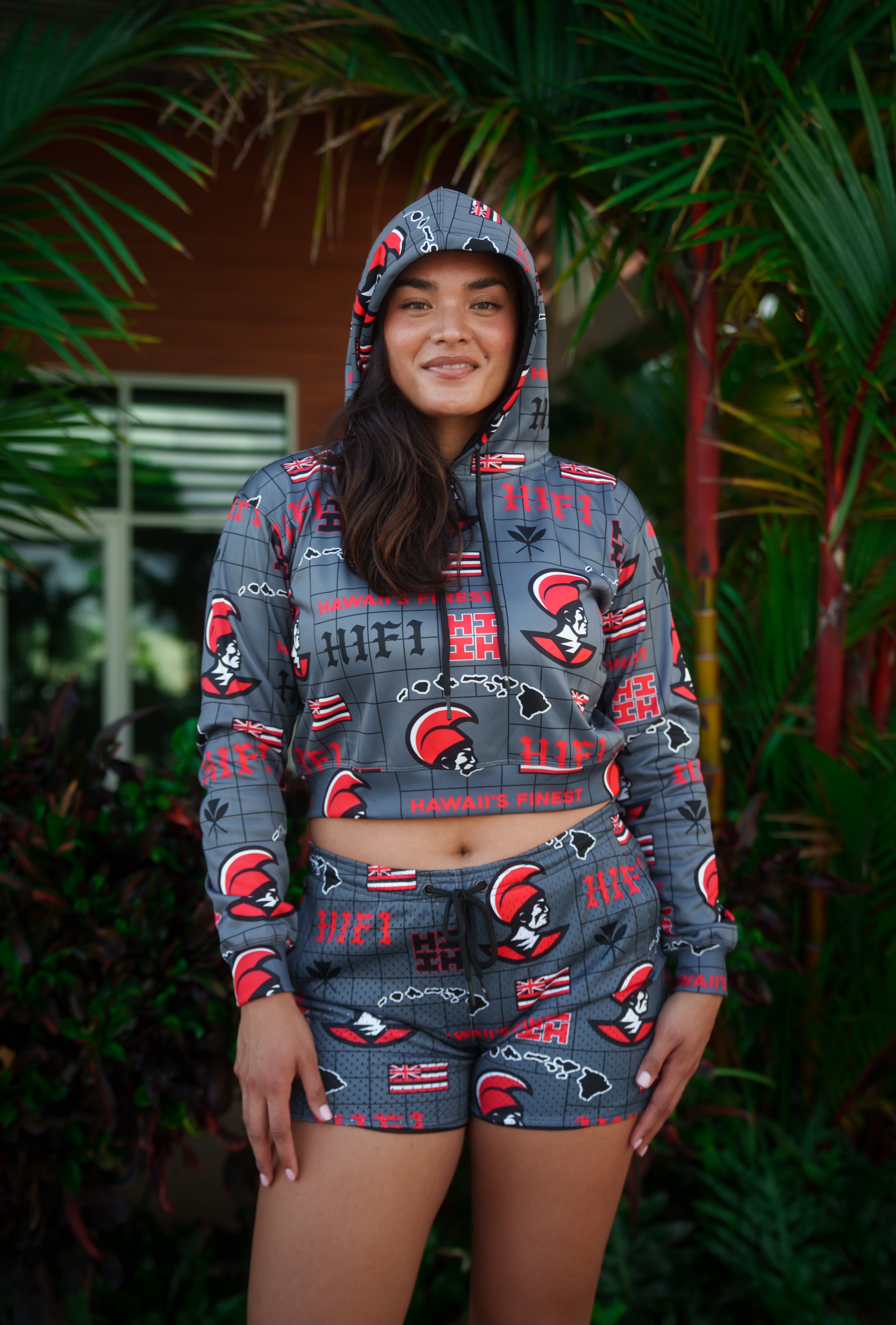 CHARCOAL & RED KOA WOMEN'S CROP HOODIE Jacket Hawaii's Finest X-SMALL 