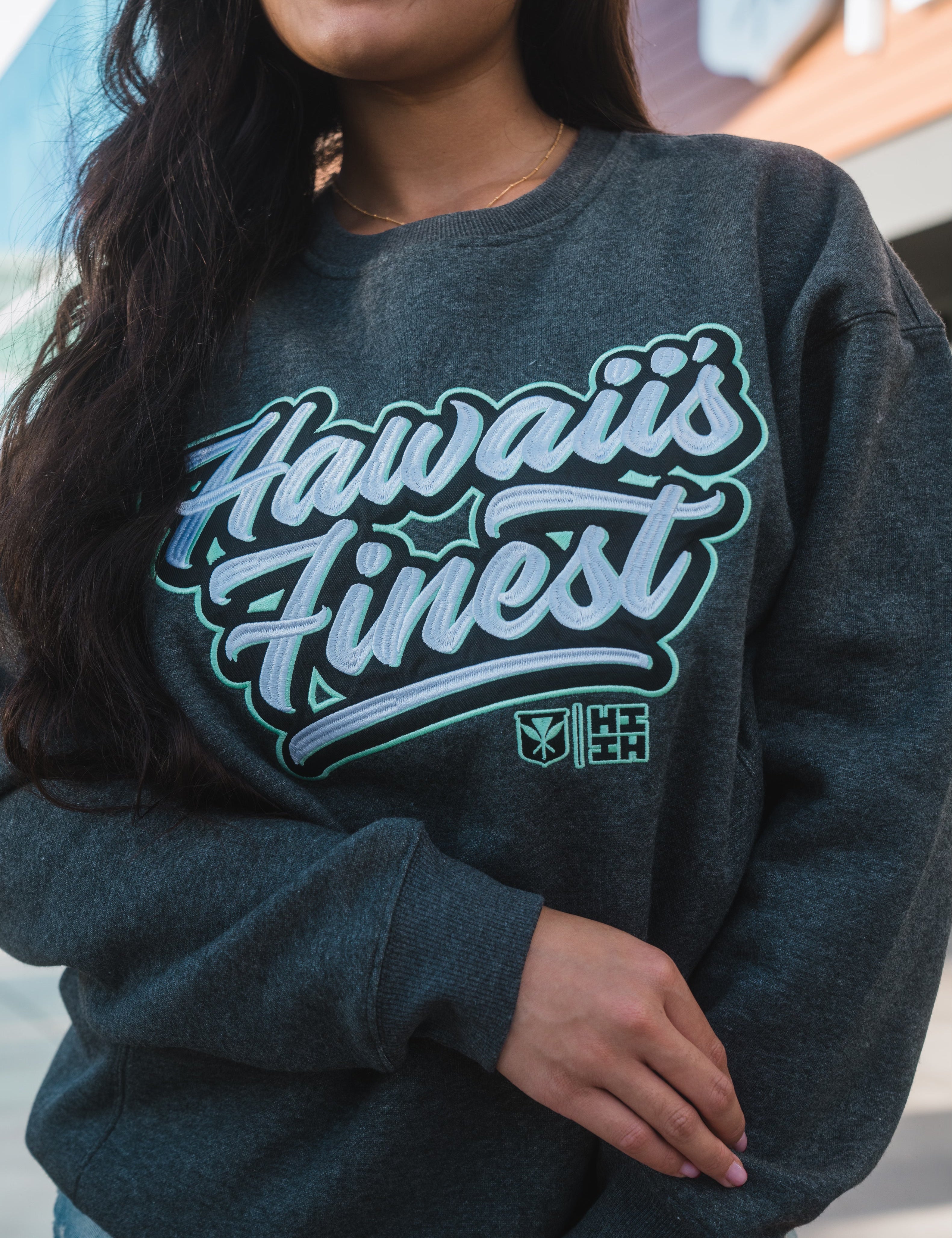 DARK GRAY & WHITE SCRIPT CREW NECK SWEATER Jacket Hawaii's Finest 