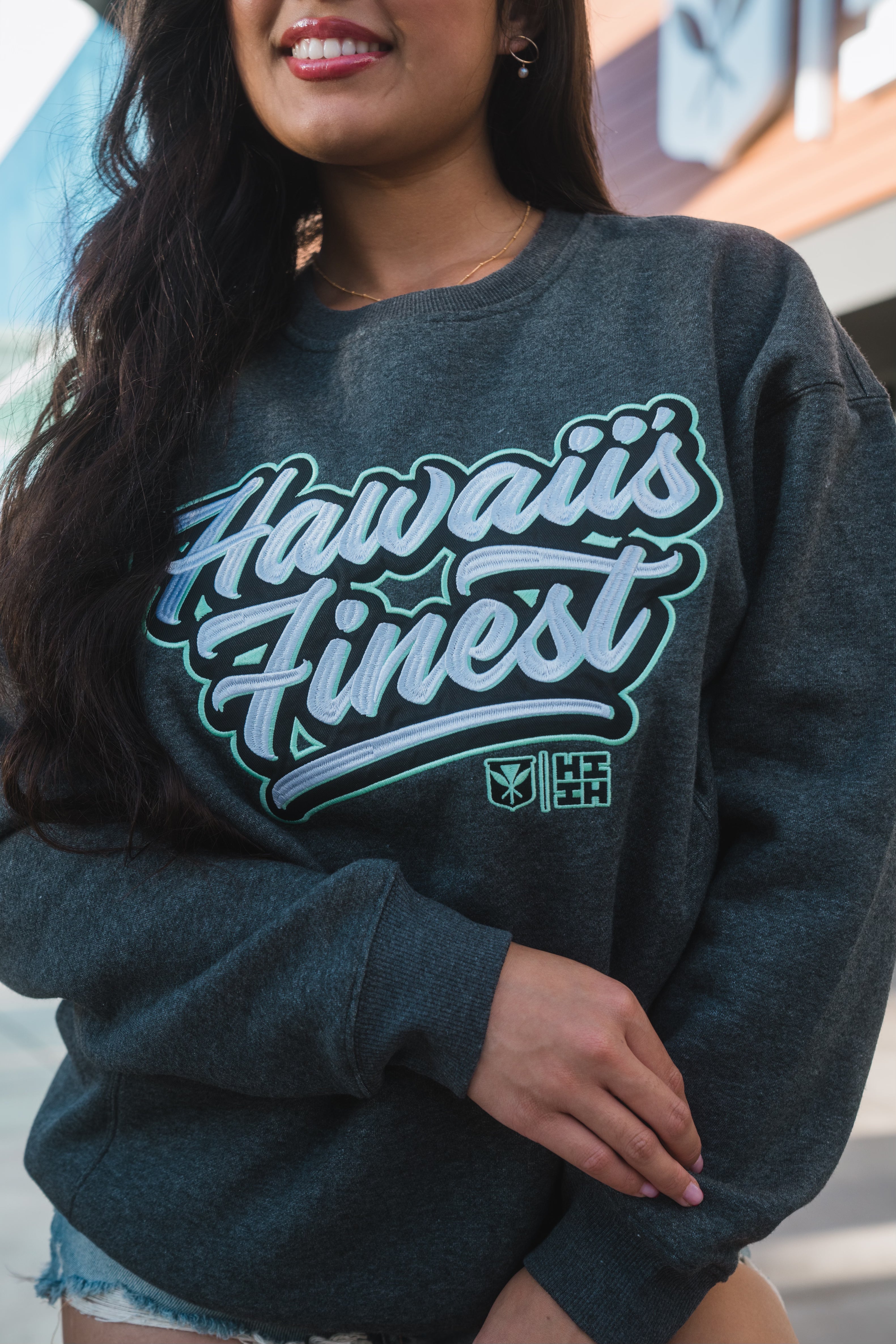 DARK GRAY & WHITE SCRIPT CREW NECK SWEATER Jacket Hawaii's Finest 