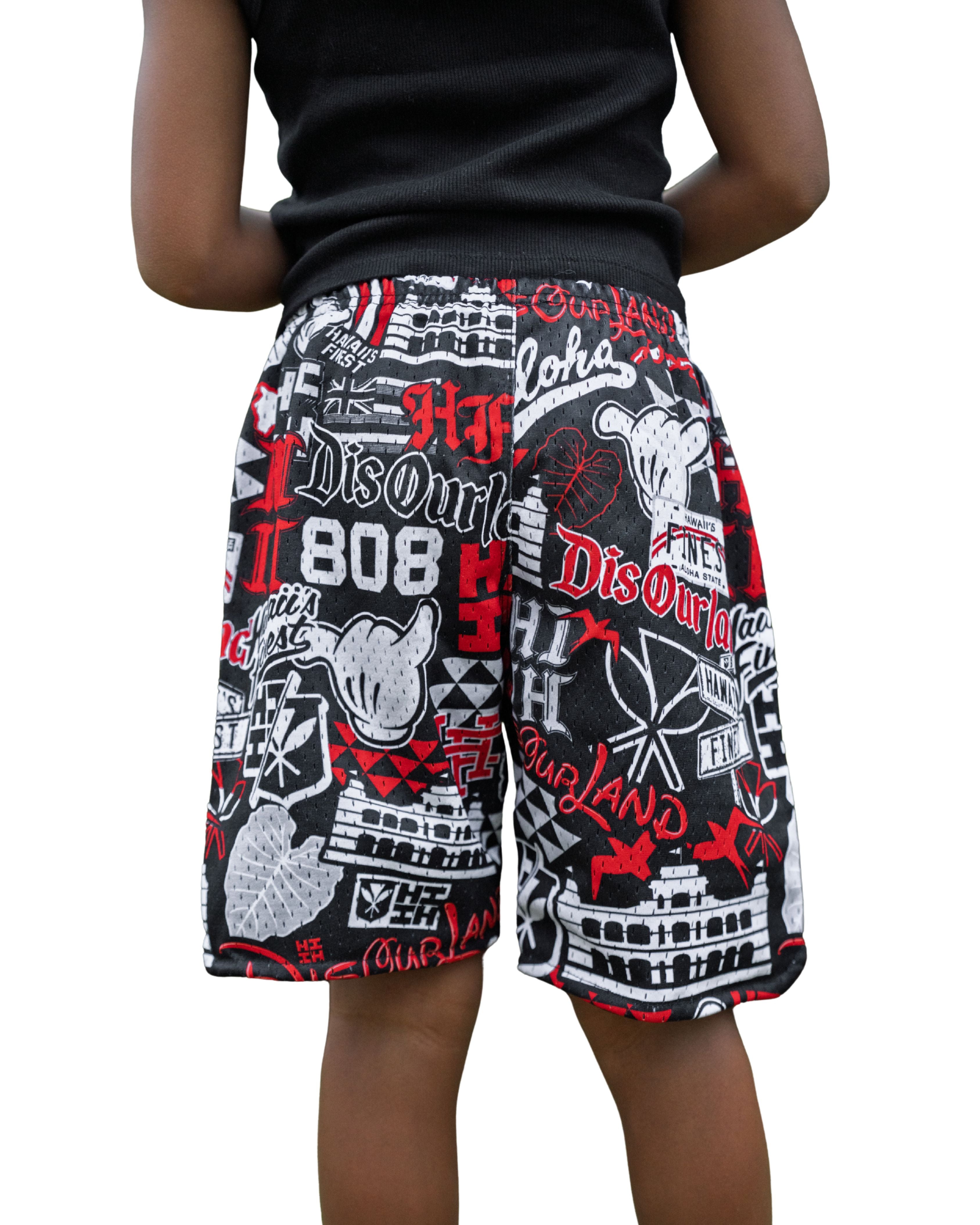 DIS OUR LAND STICKERBOMB KEIKI MESH SHORTS Shirts Hawaii's Finest 