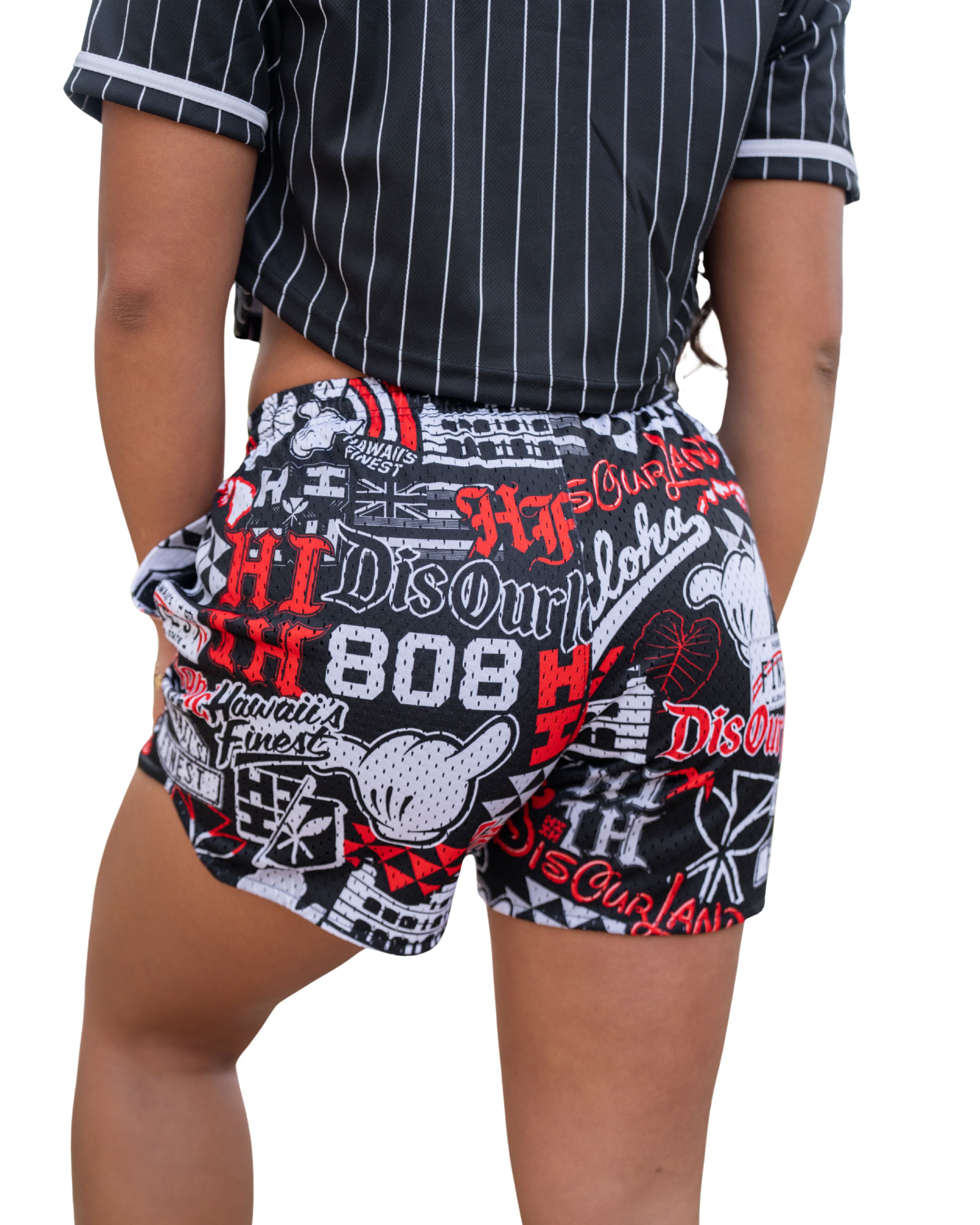 DIS OUR LAND STICKERBOMB WOMEN'S MESH SHORTS Shorts Hawaii's Finest 