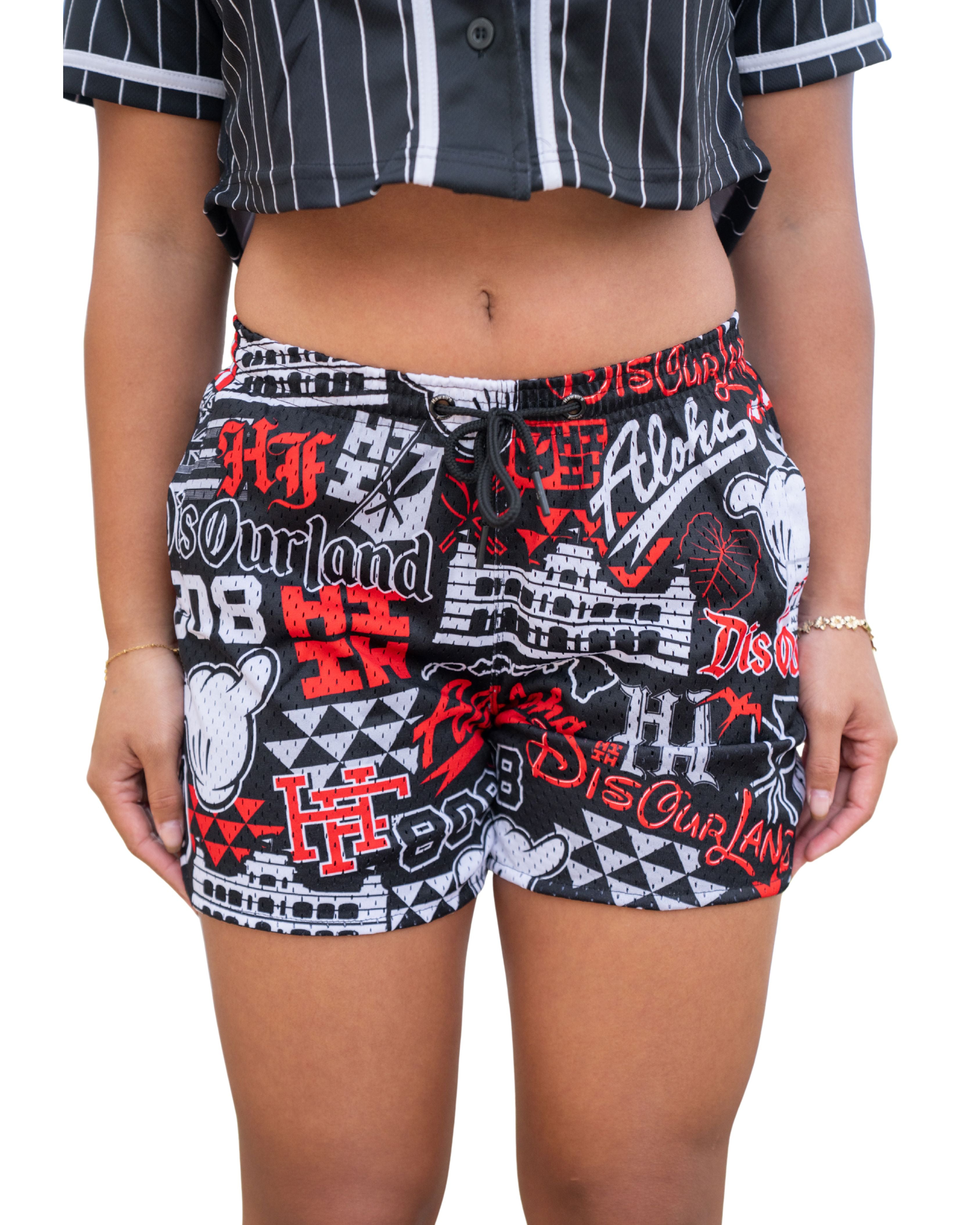 DIS OUR LAND STICKERBOMB WOMEN'S MESH SHORTS Shorts Hawaii's Finest 