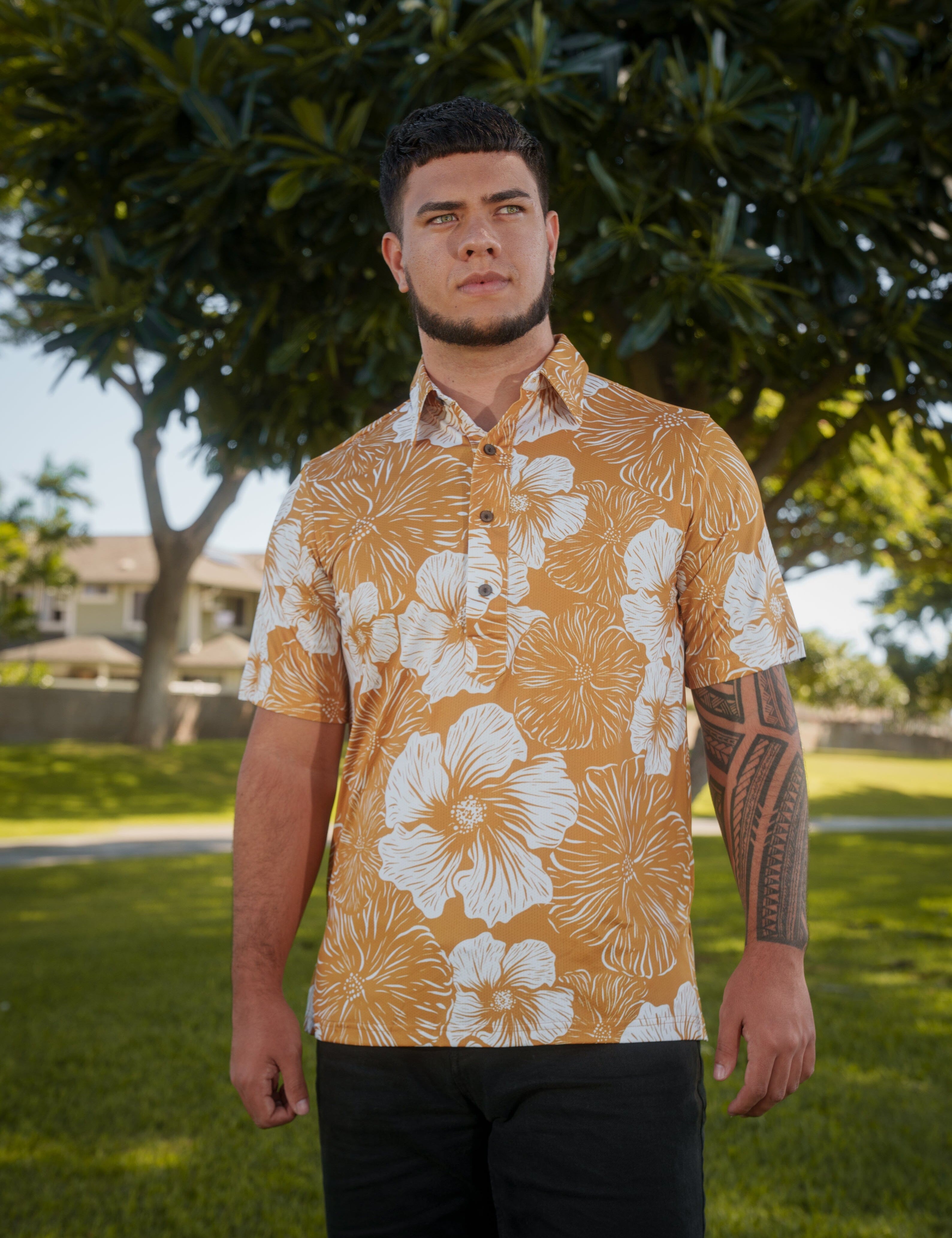 GOLD HIBISCUS ALOHA POLO Polo Hawaii's Finest 