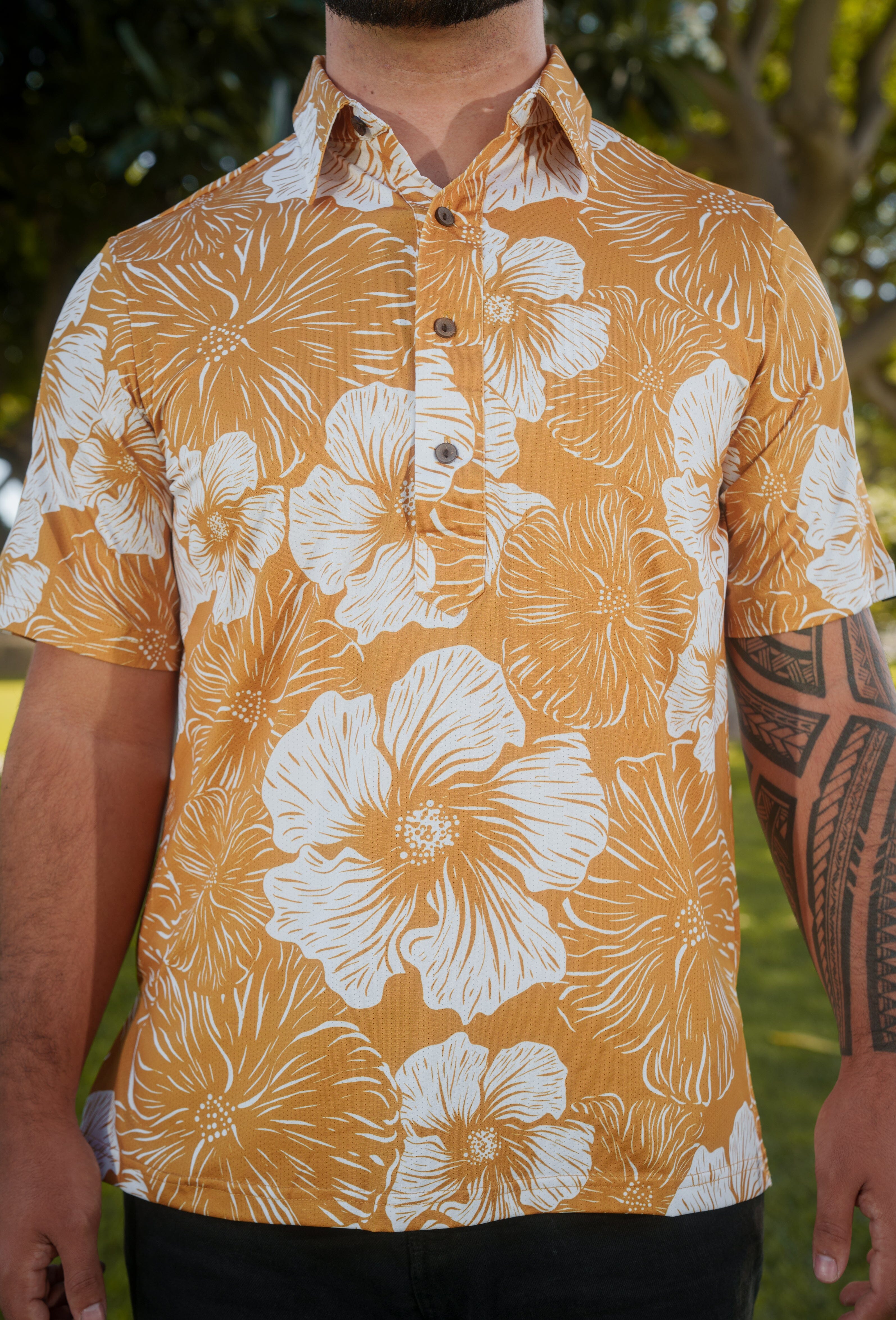 GOLD HIBISCUS ALOHA POLO Polo Hawaii's Finest 