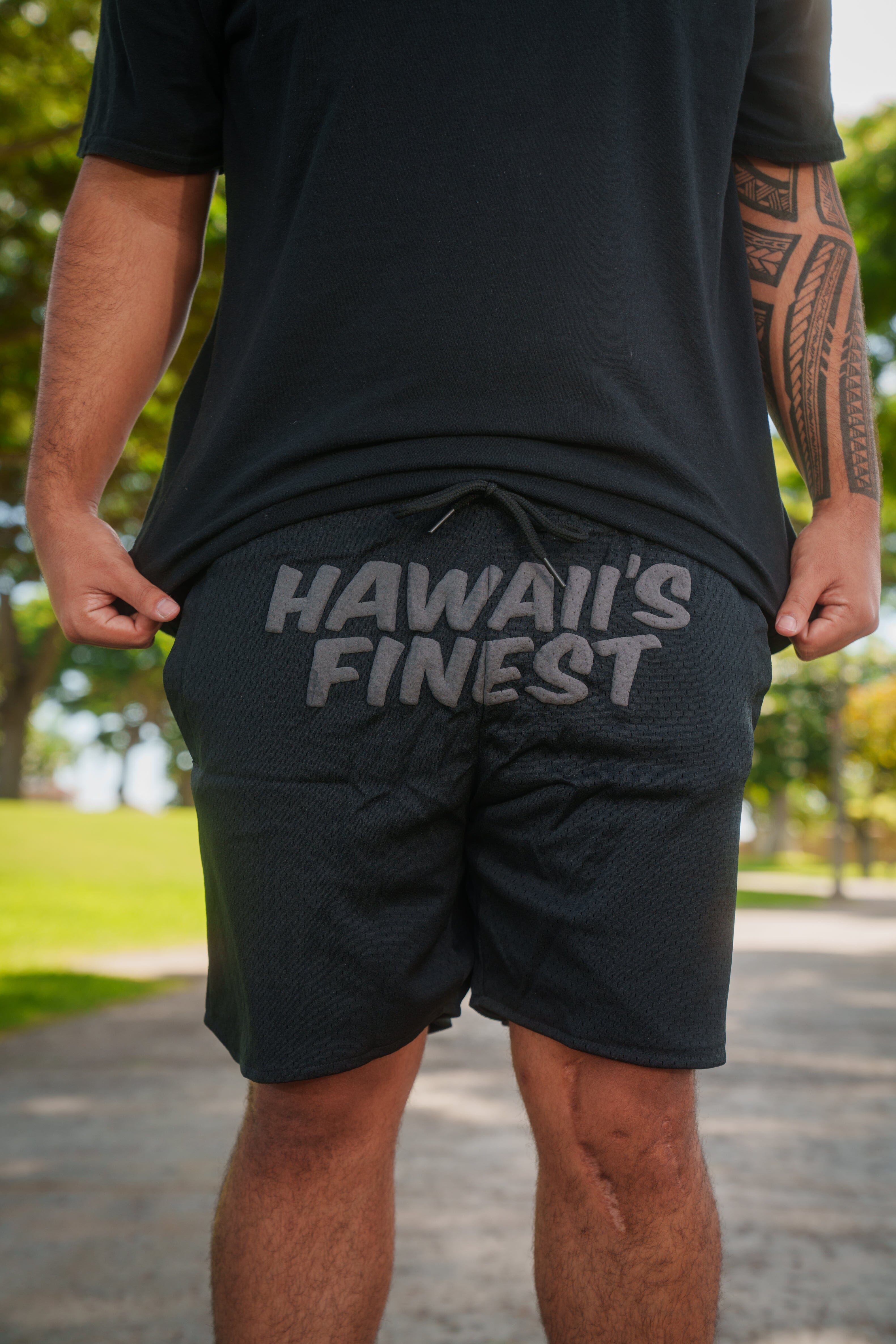 GRAY PUFF COLLAGE MESH SHORTS Shorts Hawaii's Finest 