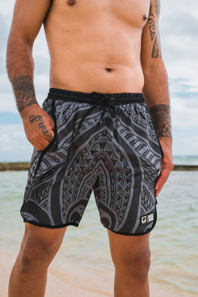 GRAY TRIBAL PERFORMANCE SHORTS Shorts Hawaii's Finest SMALL 