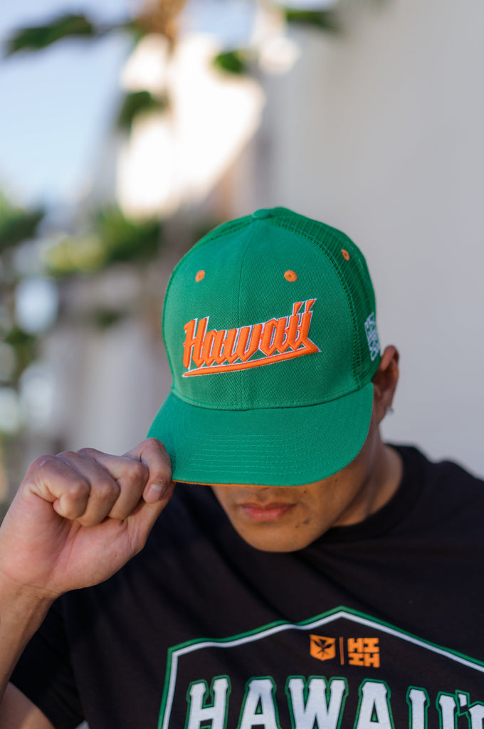 GREEN & ORANGE HAWAII SLANT TRUCKER Hat Hawaii's Finest 