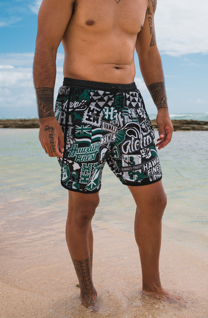 GREEN STICKERBOMB PERFORMANCE SHORTS Shorts Hawaii's Finest SMALL 
