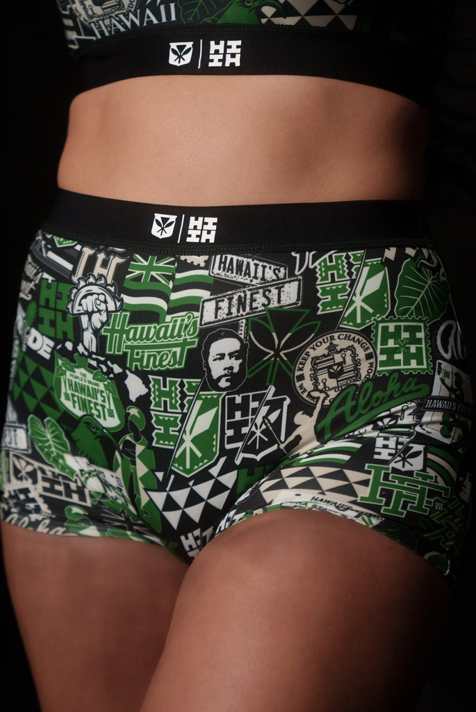 GREEN STICKERBOMB WOMEN'S BOY SHORTS Activewear Hawaii's Finest 