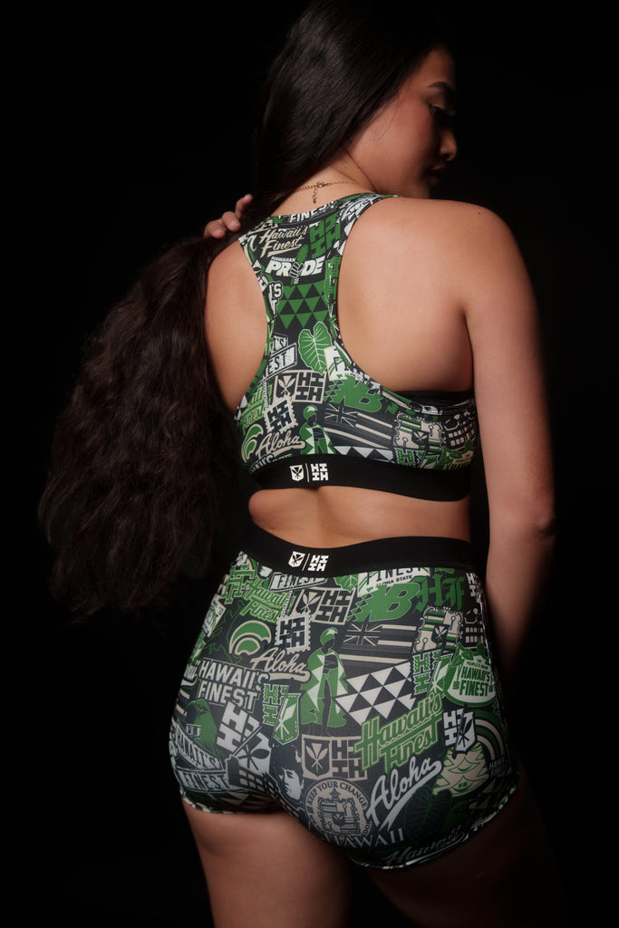 GREEN STICKERBOMB WOMEN'S BOY SHORTS Activewear Hawaii's Finest 