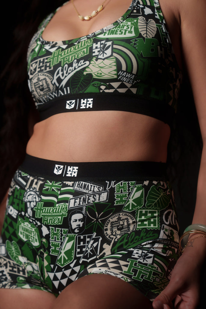 GREEN STICKERBOMB WOMEN'S BOY SHORTS Activewear Hawaii's Finest X-SMALL 