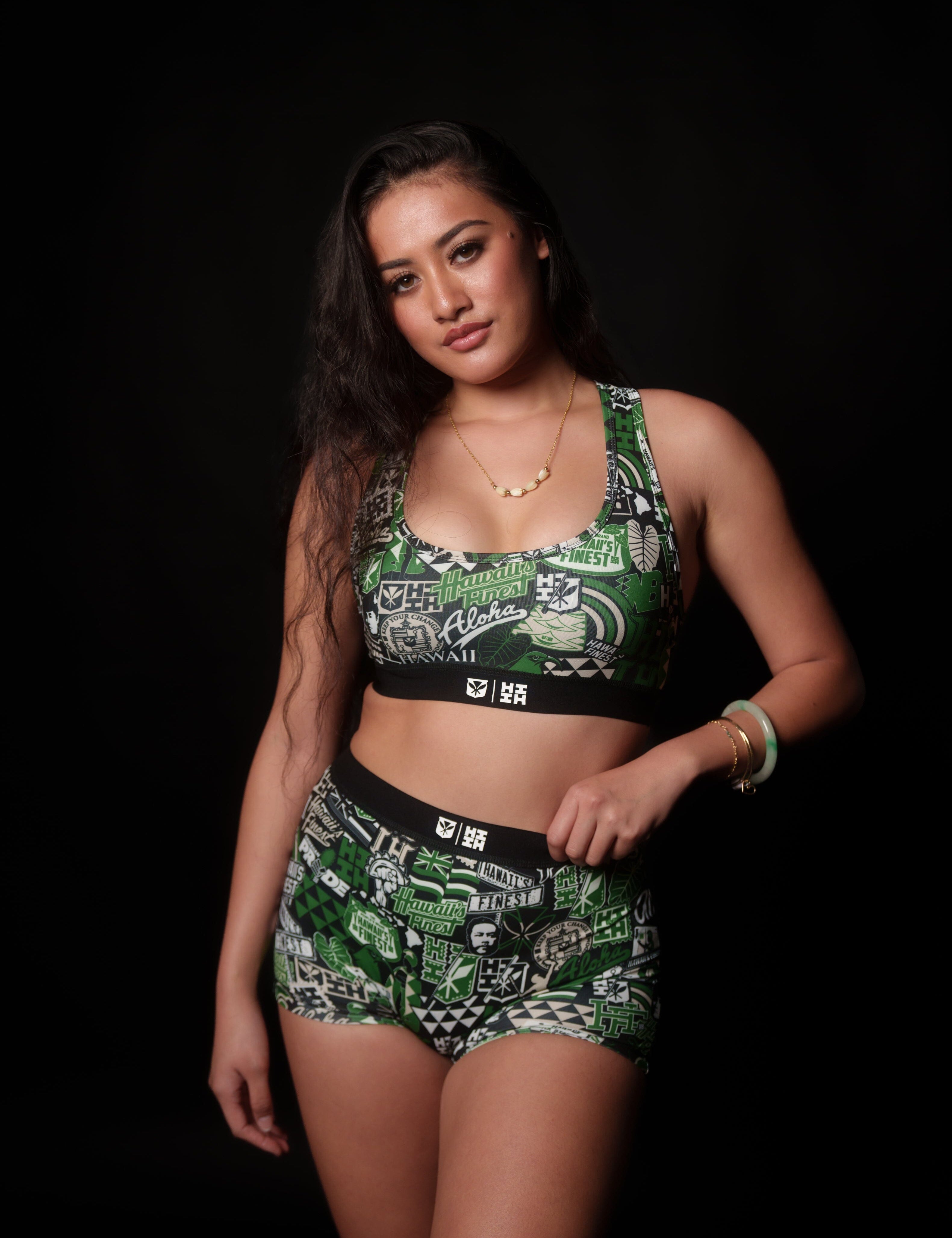 GREEN STICKERBOMB WOMEN'S BRA Activewear Hawaii's Finest X-SMALL 