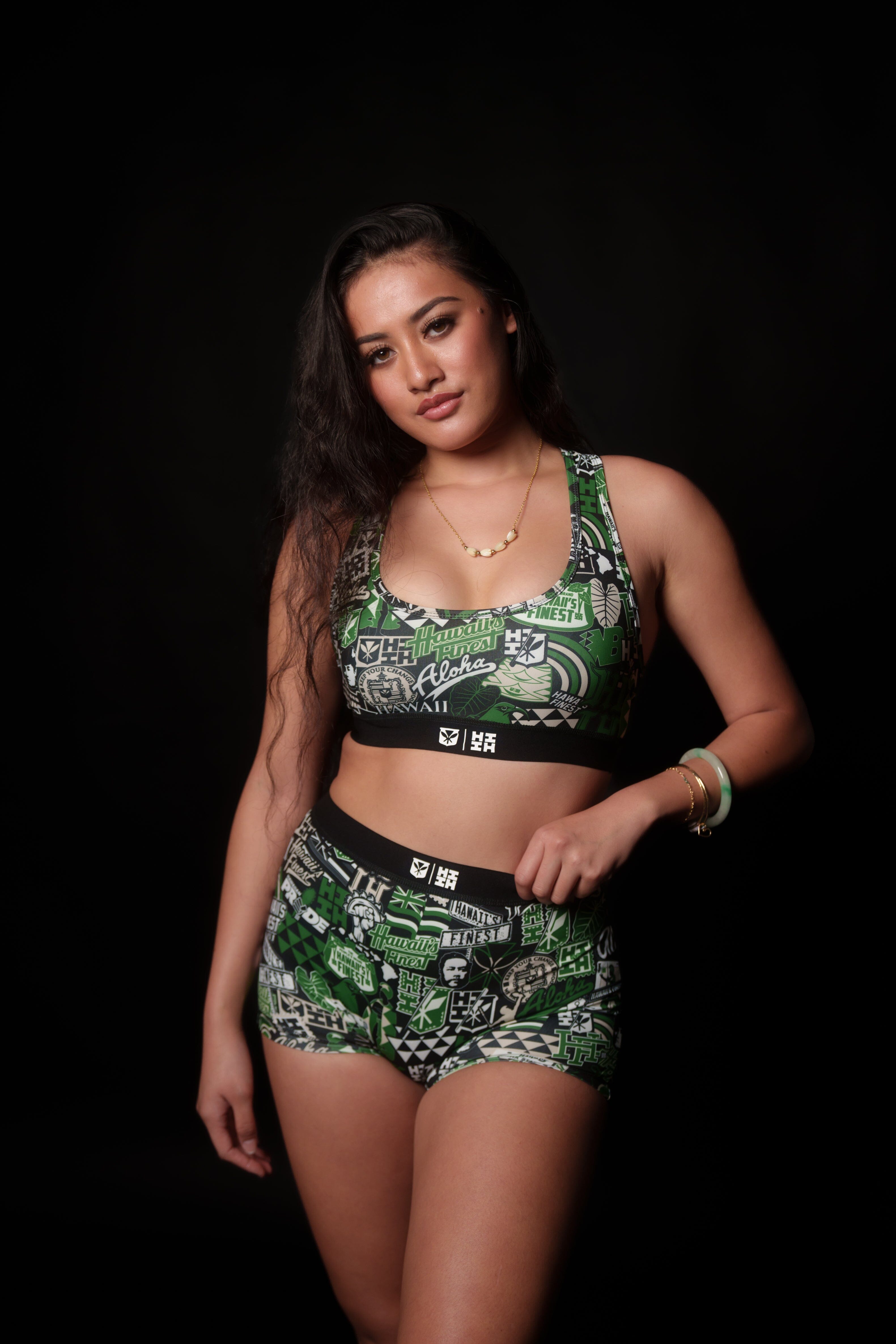 GREEN STICKERBOMB WOMEN'S BRA Activewear Hawaii's Finest X-SMALL 