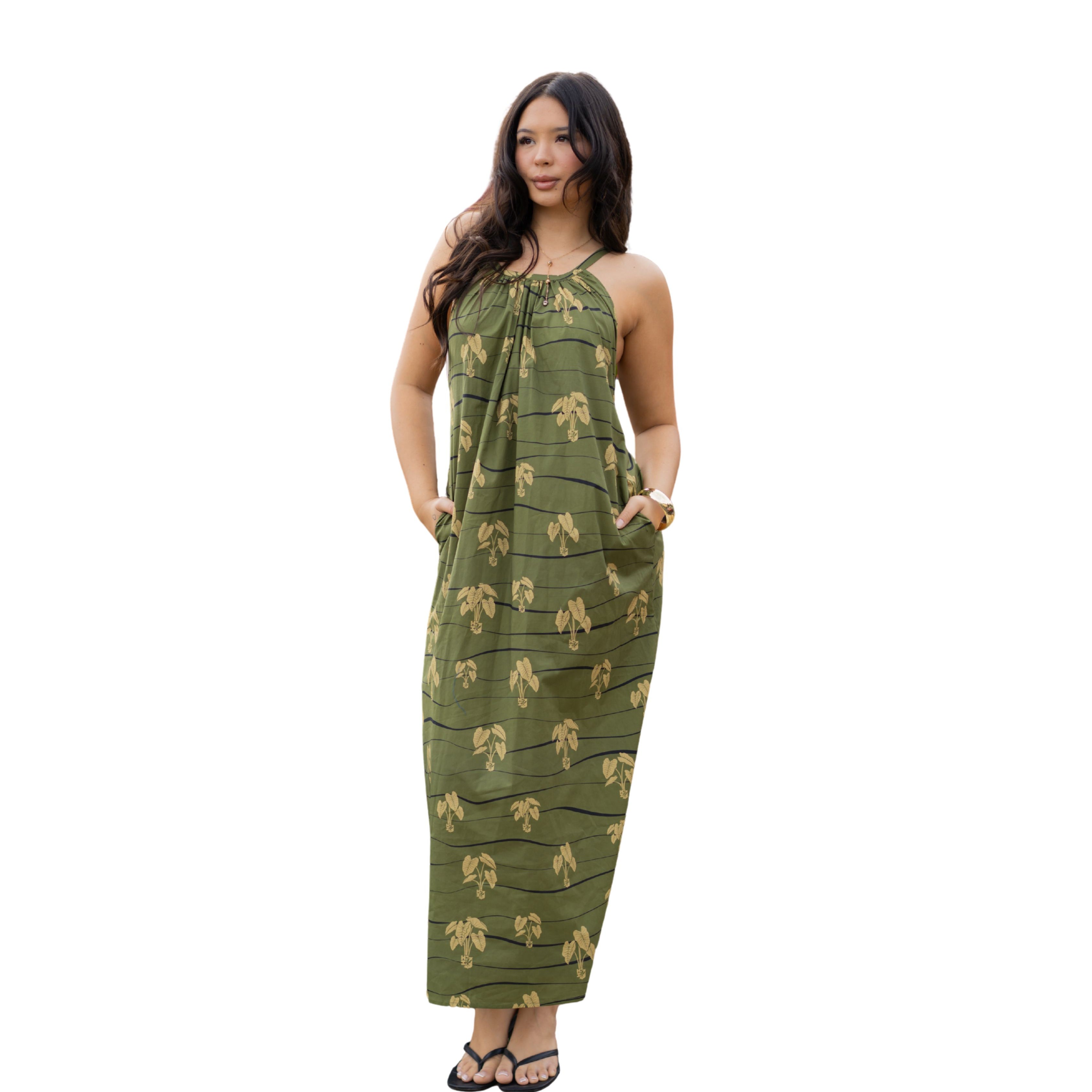 HĀLOA WOMEN'S OLIVE FLOWY DRESS Shirts Hawaii's Finest X-SMALL 