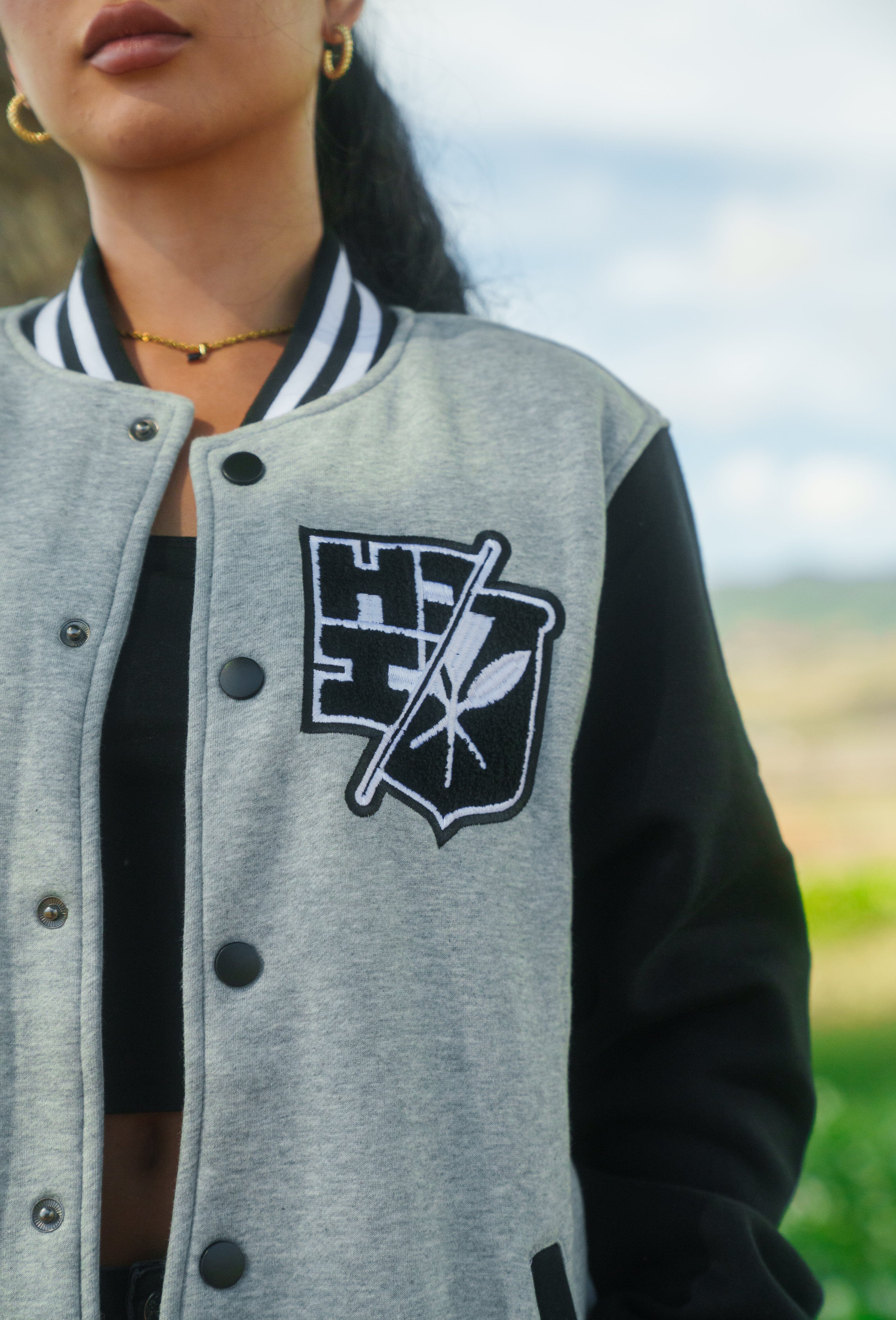 HEATHER GRAY & BLACK SPLIT LOGO VARSITY JACKET Jacket Hawaii's Finest 