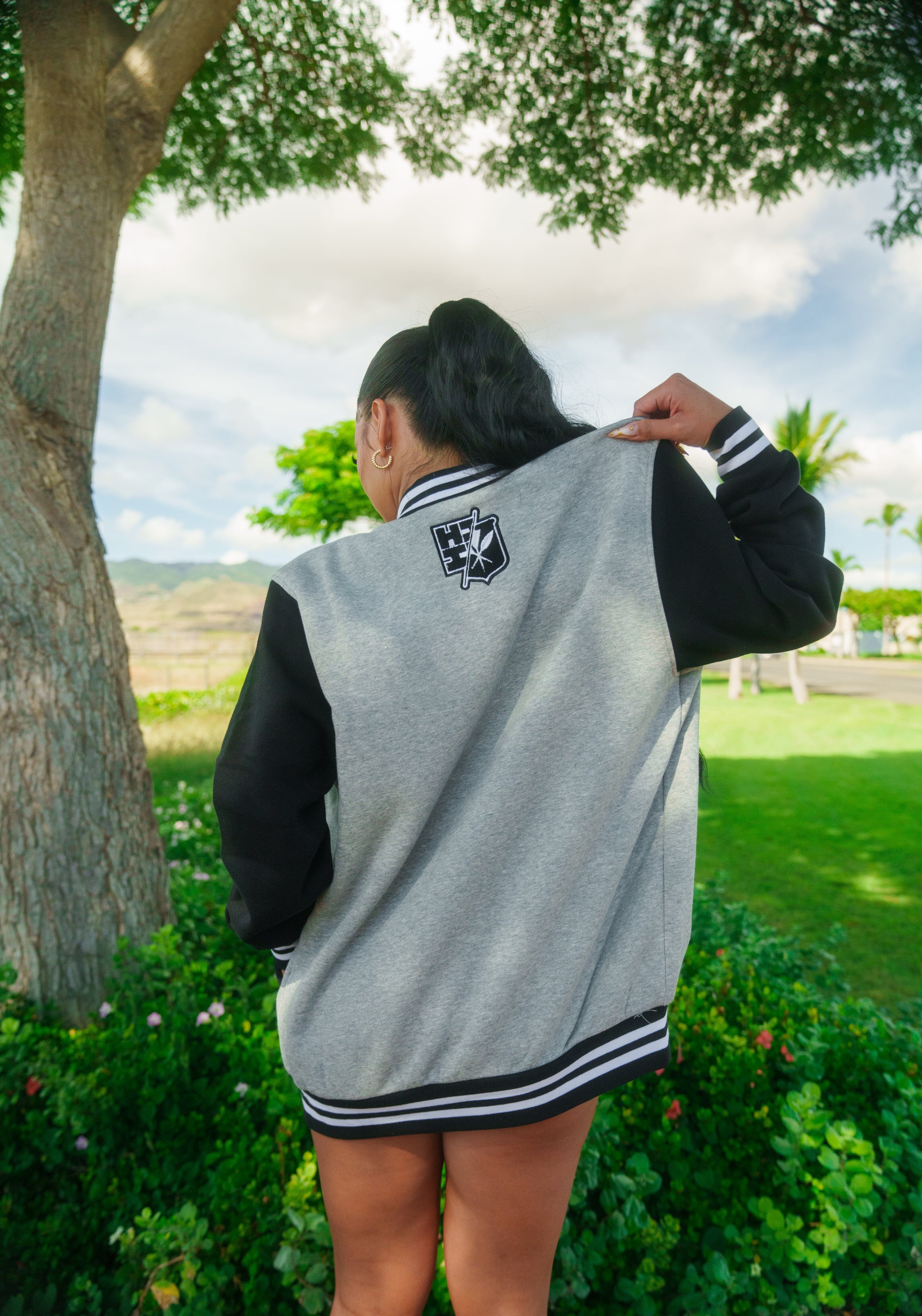 HEATHER GRAY & BLACK SPLIT LOGO VARSITY JACKET Jacket Hawaii's Finest 