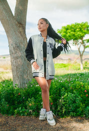 HEATHER GRAY & BLACK SPLIT LOGO VARSITY JACKET Jacket Hawaii's Finest 