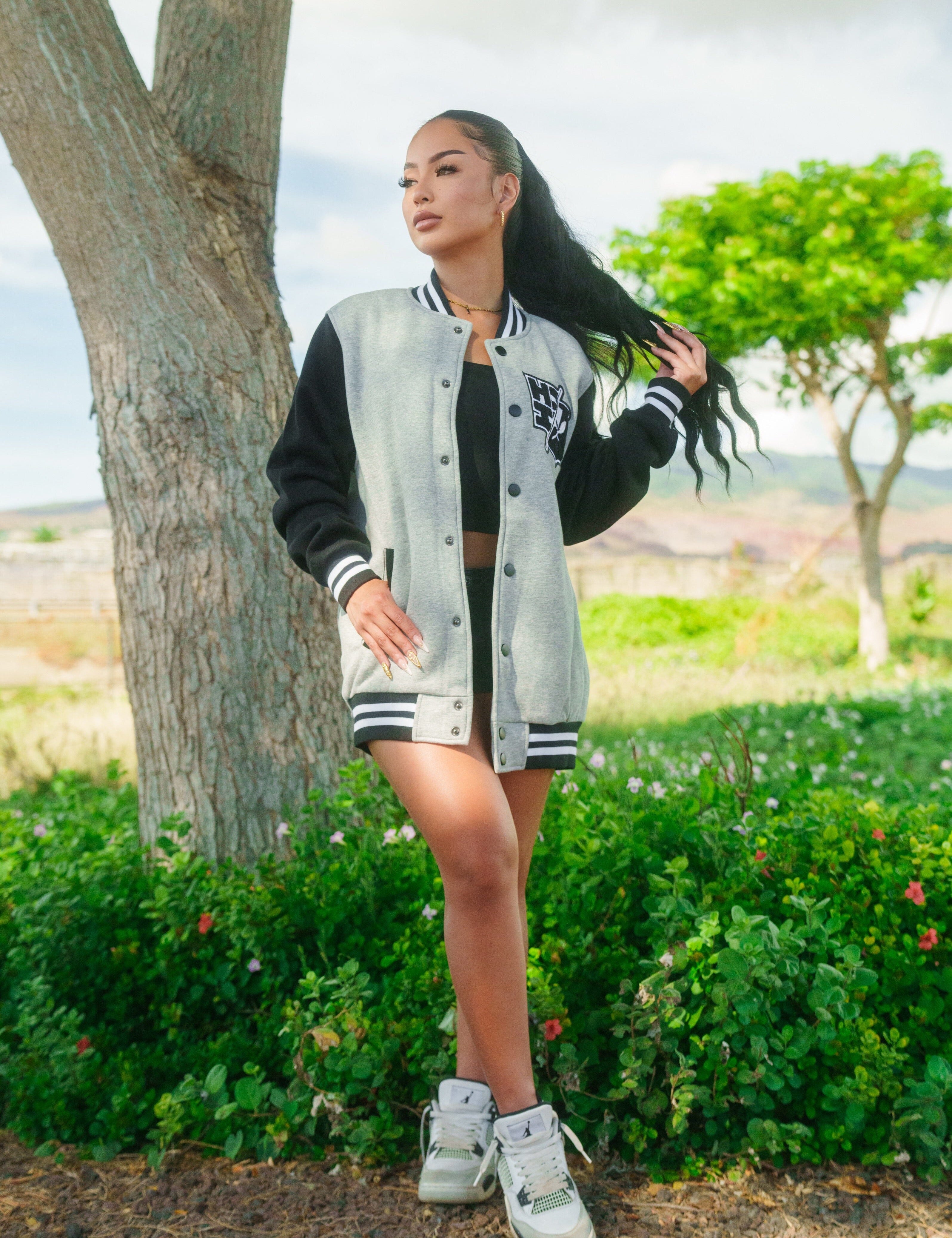 HEATHER GRAY & BLACK SPLIT LOGO VARSITY JACKET Jacket Hawaii's Finest 