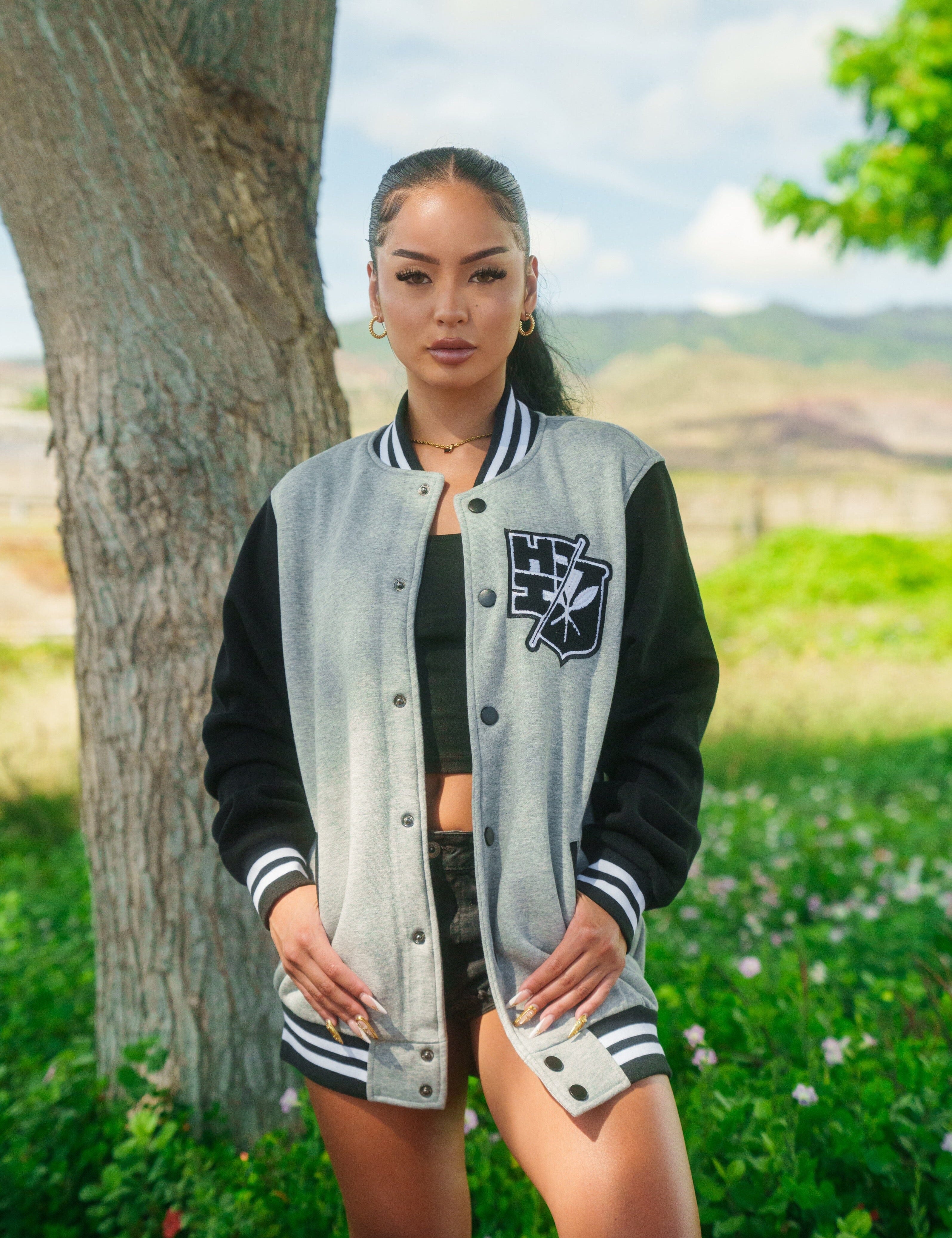 HEATHER GRAY & BLACK SPLIT LOGO VARSITY JACKET Jacket Hawaii's Finest X-SMALL 