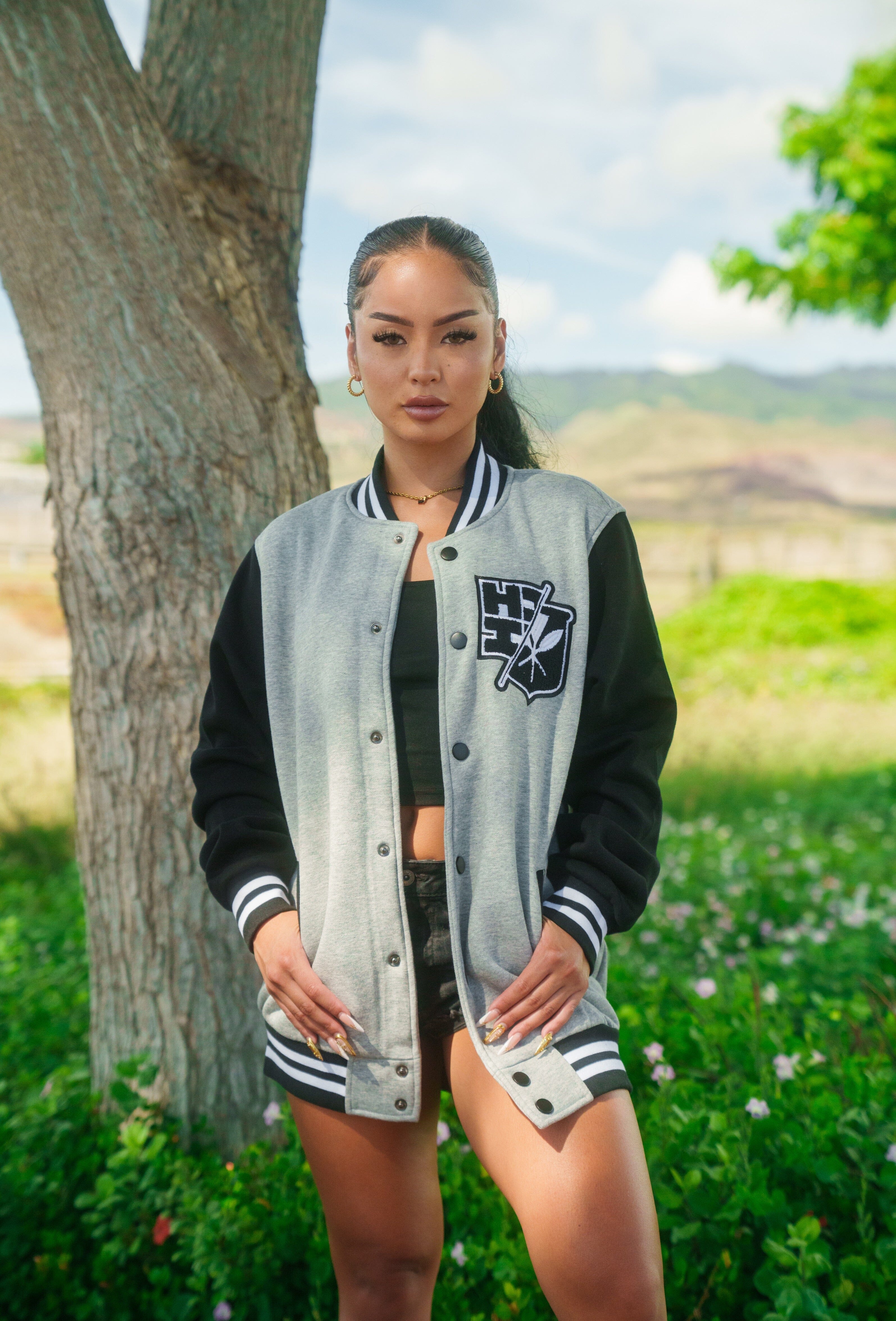 HEATHER GRAY & BLACK SPLIT LOGO VARSITY JACKET Jacket Hawaii's Finest X-SMALL 