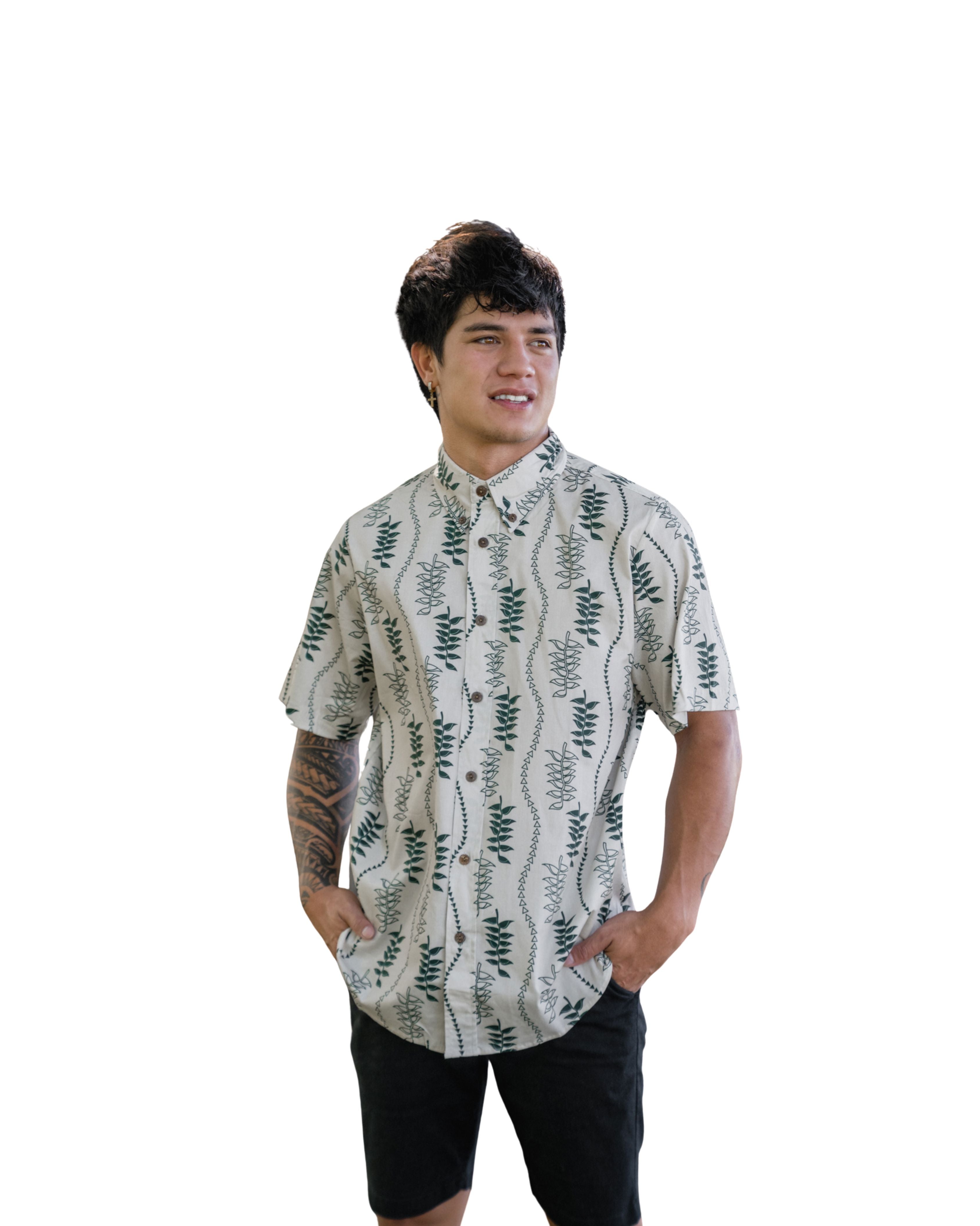 HELICONIA MEN'S TAN & GREEN ALOHA SHIRT Shirts Hawaii's Finest SMALL 