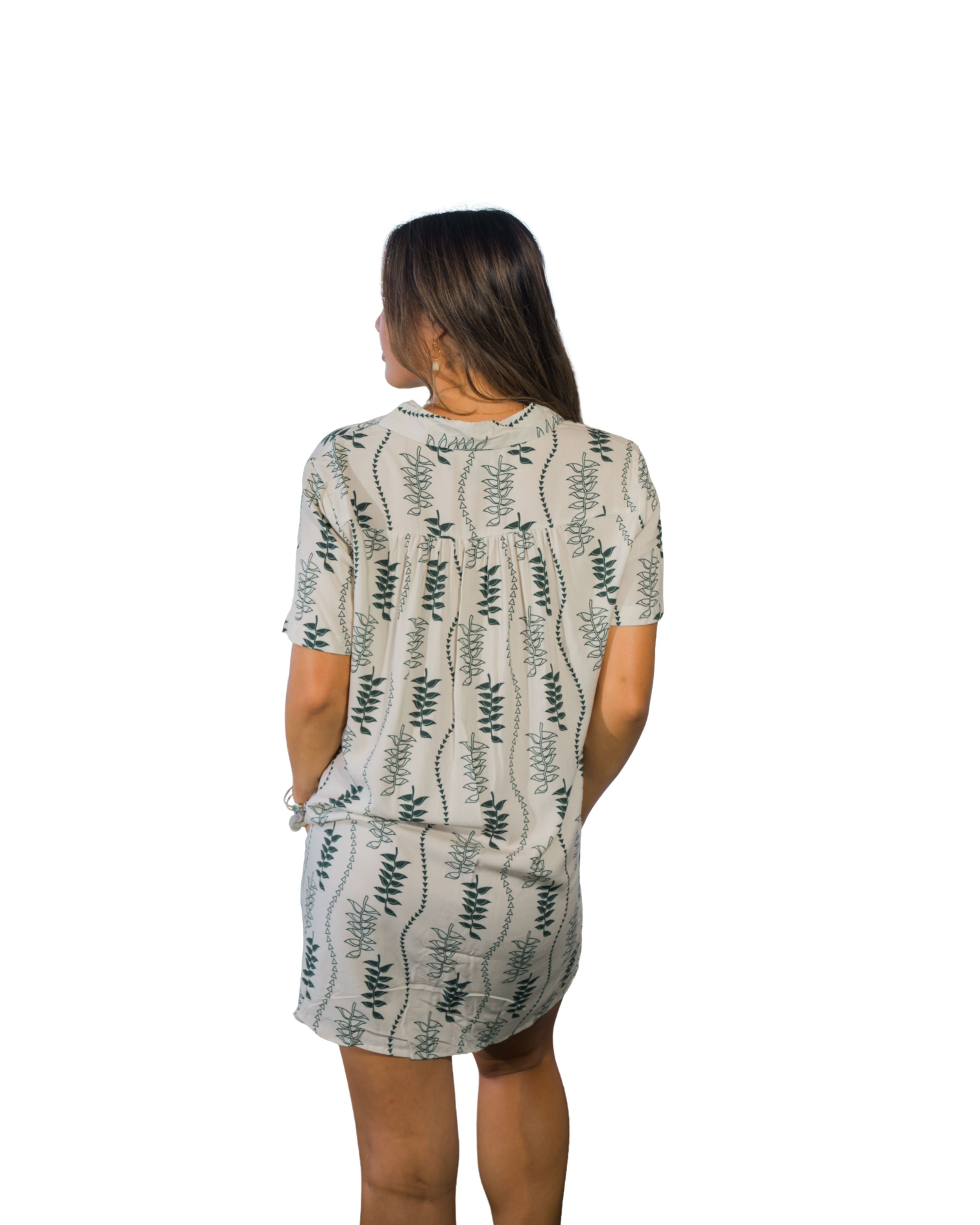 HELICONIA WOMEN'S TAN & GREEN COLLARED DRESS Shirts Hawaii's Finest 