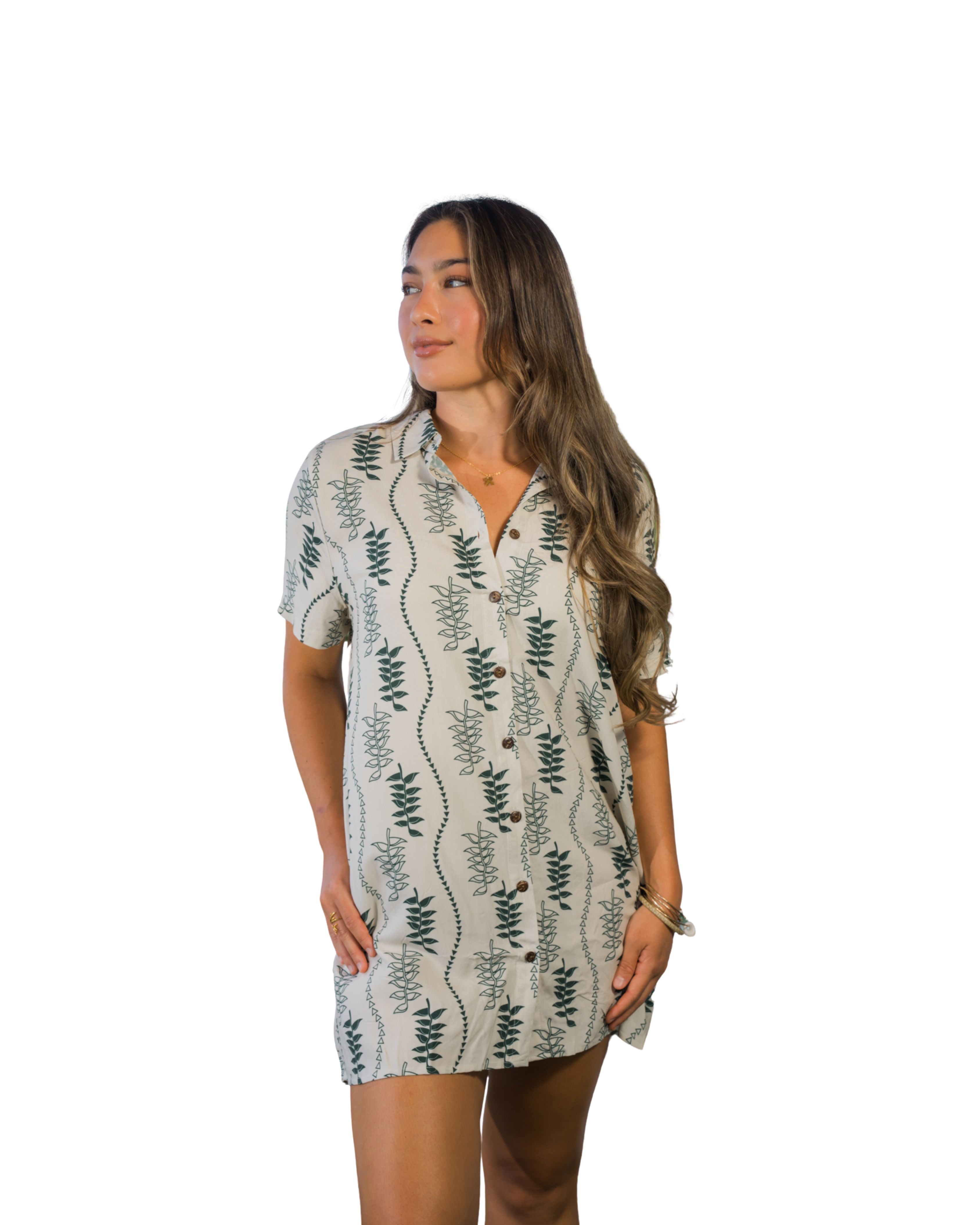 HELICONIA WOMEN'S TAN & GREEN COLLARED DRESS Shirts Hawaii's Finest X-SMALL 