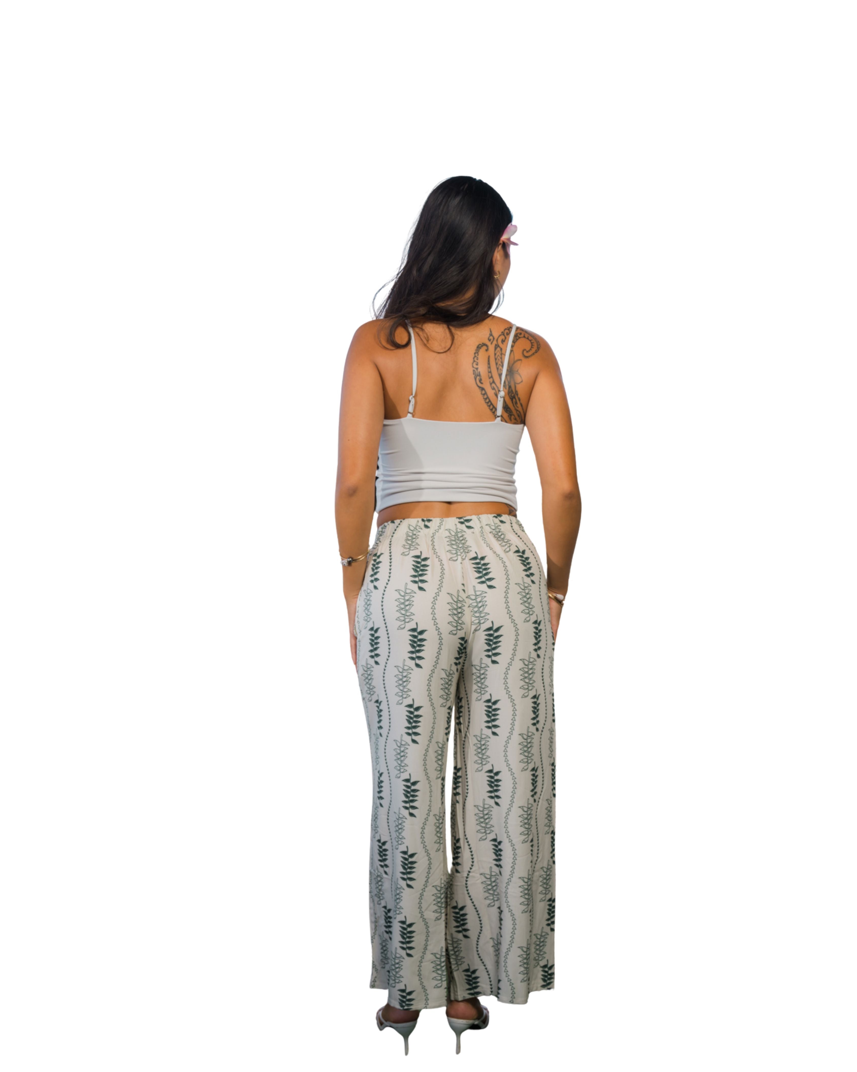 HELICONIA WOMEN'S TAN & GREEN FLOWY PANTS Shirts Hawaii's Finest 