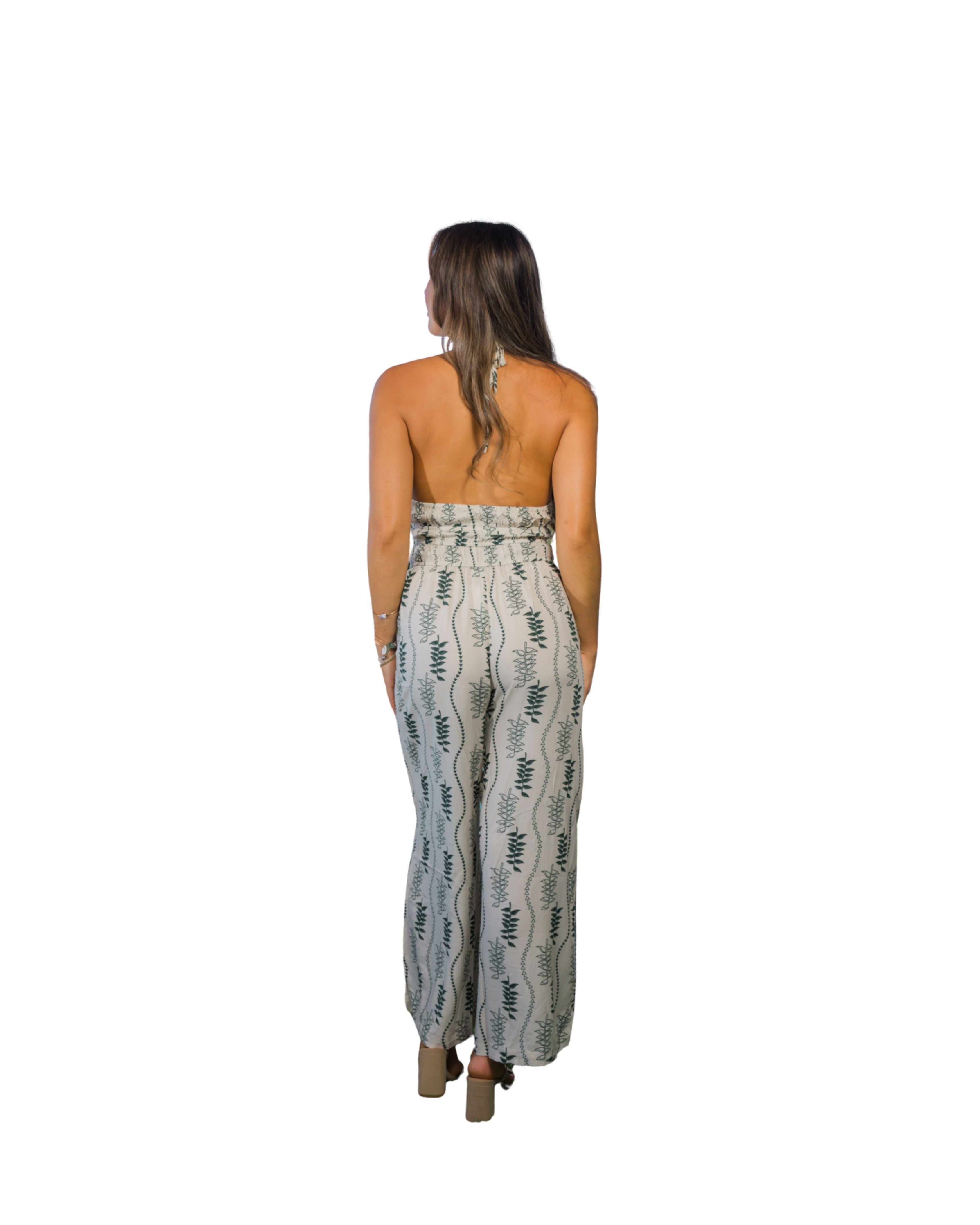 HELICONIA WOMEN'S TAN & GREEN HALTER JUMPSUIT Shirts Hawaii's Finest 