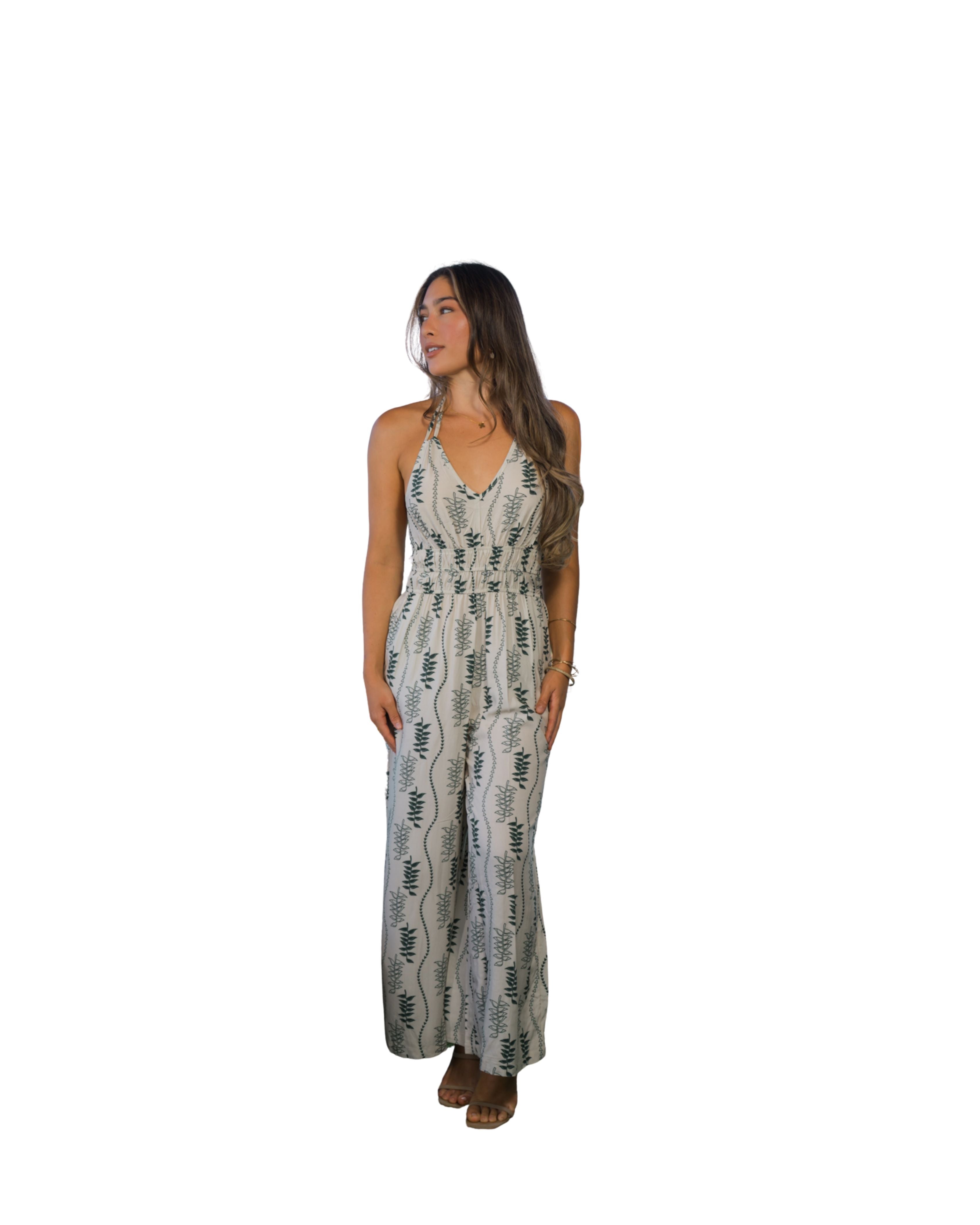 HELICONIA WOMEN'S TAN & GREEN HALTER JUMPSUIT Shirts Hawaii's Finest X-SMALL 