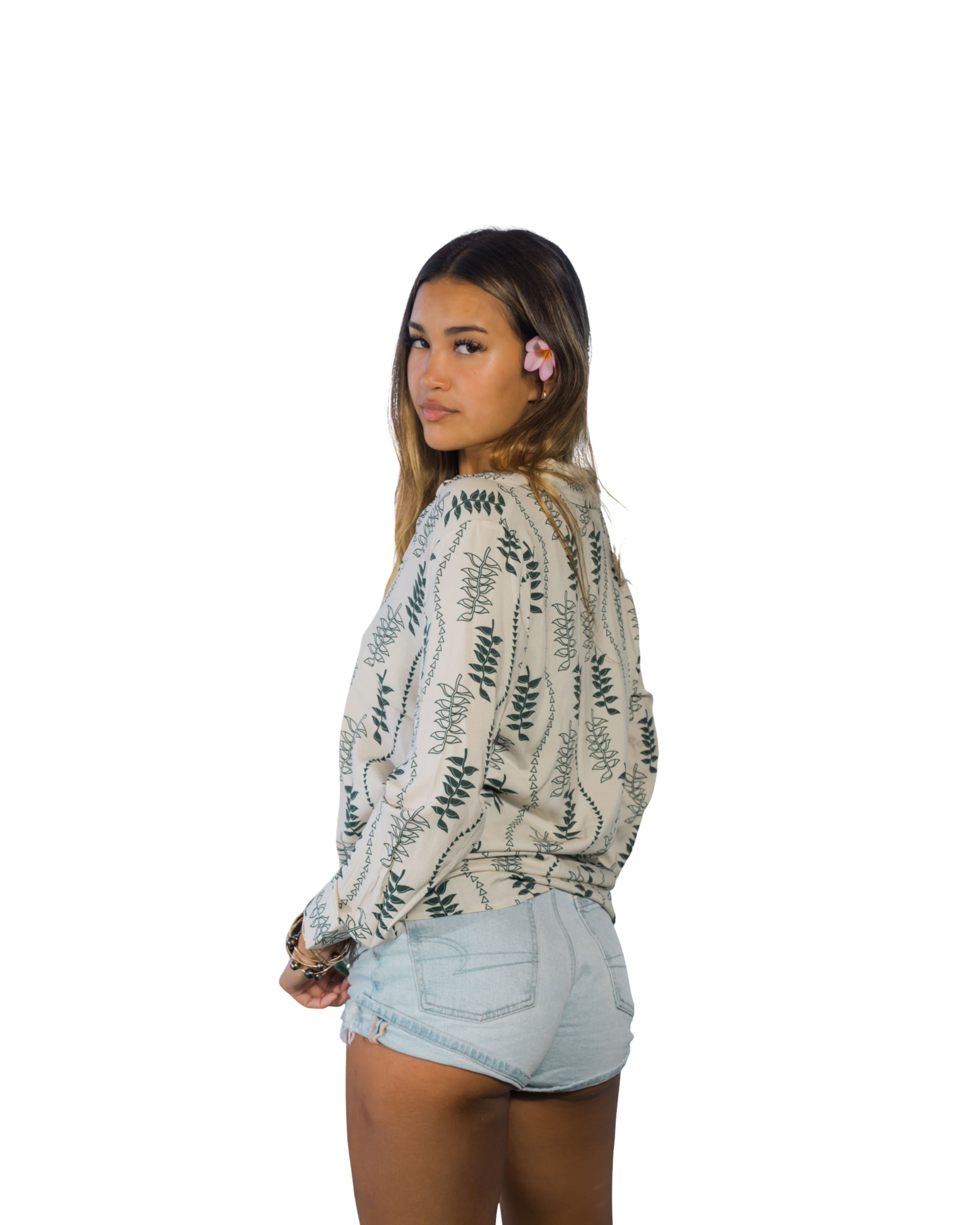 HELICONIA WOMEN'S TAN & GREEN KIMONO Shirts Hawaii's Finest 