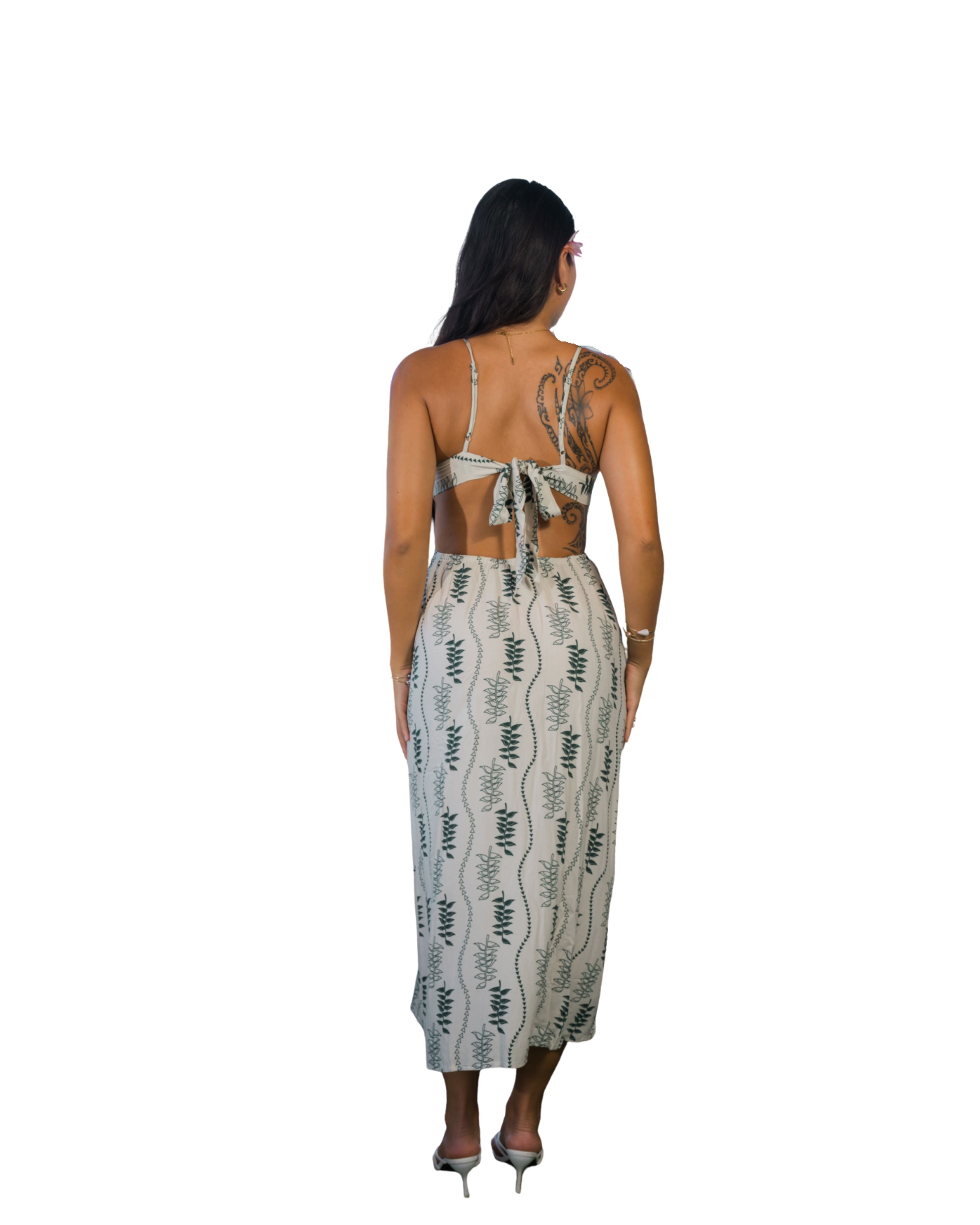 HELICONIA WOMEN'S TAN & GREEN SUMMER TRIANGLE DRESS Shirts Hawaii's Finest 