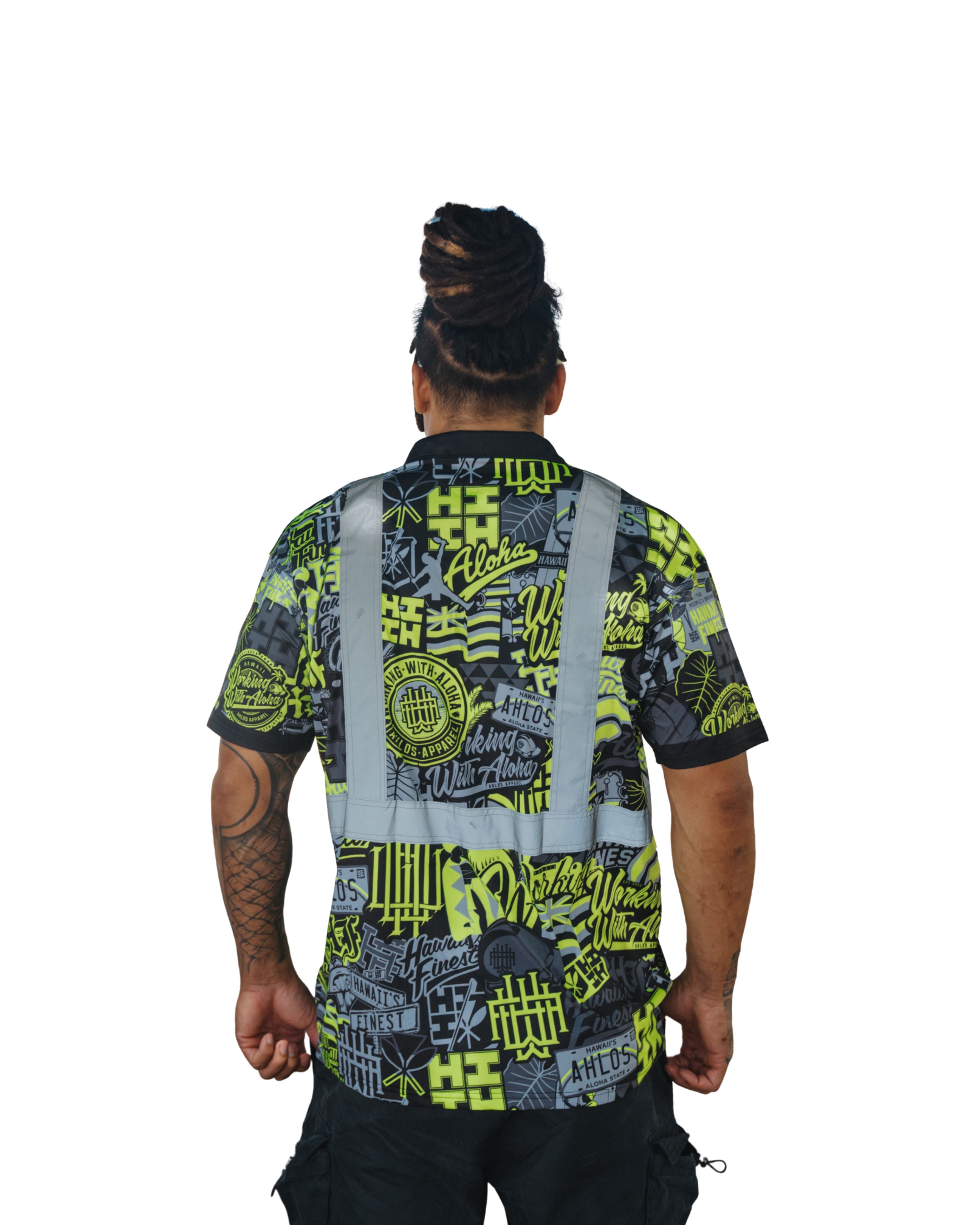 HIFI x AHLOS HI-VIS STICKERBOMB BUTTON UP SHIRT Jersey Hawaii's Finest 