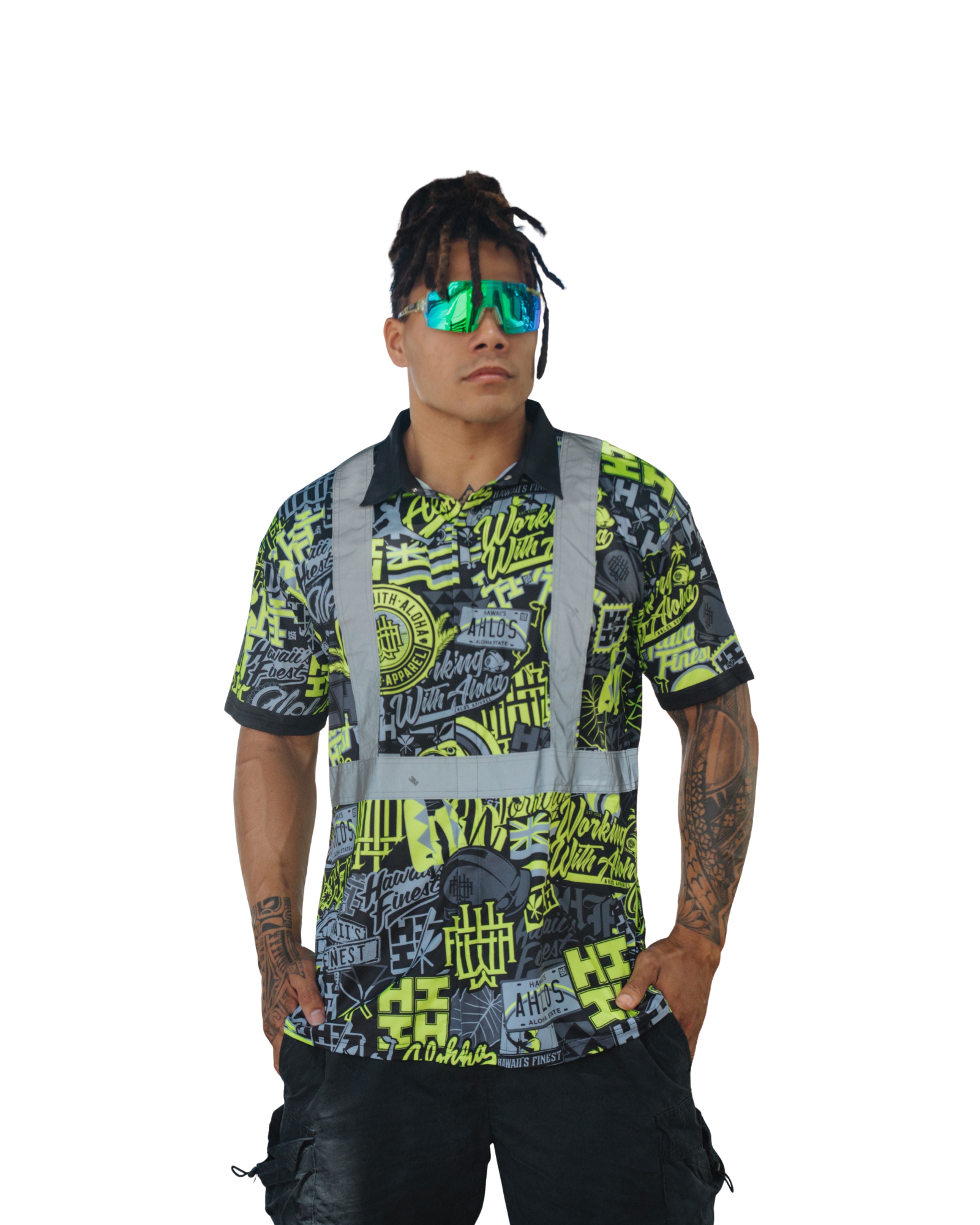 HIFI x AHLOS HI-VIS STICKERBOMB BUTTON UP SHIRT Jersey Hawaii's Finest SMALL 