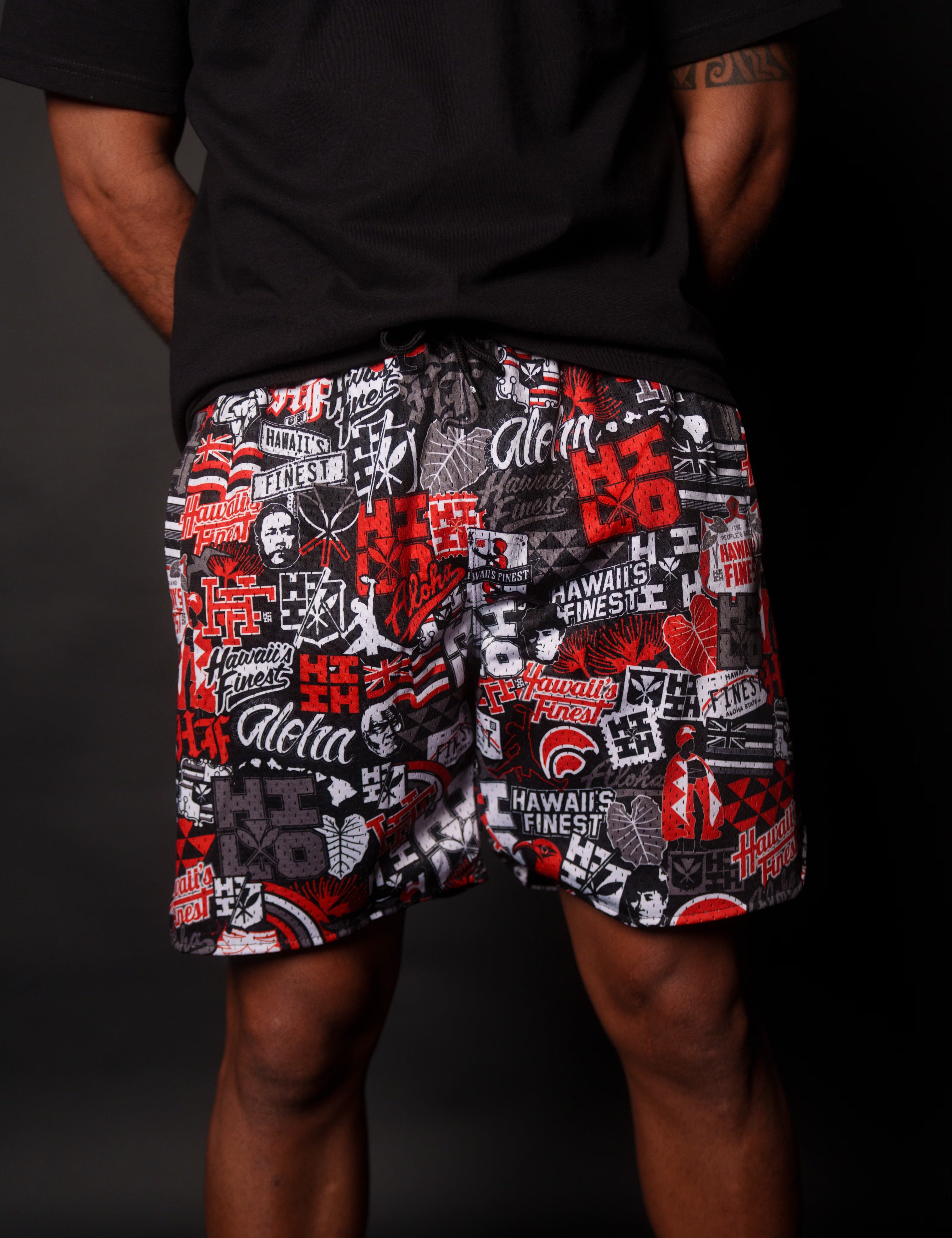 HILO RED STICKERBOMB MESH SHORTS Shorts Hawaii's Finest 