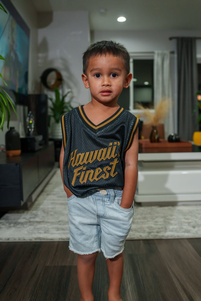 KAULIKE KEIKI BLACK & GOLD JERSEY Shirts Hawaii's Finest X-SMALL 