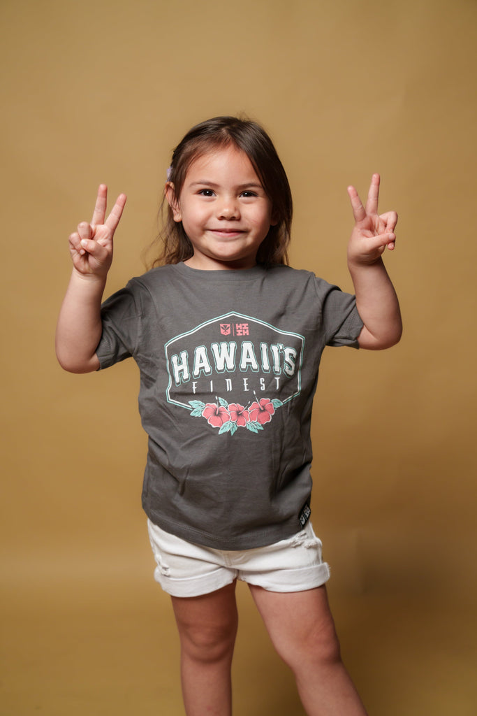 KEIKI HIBISCUS CREST CHARCOAL T-SHIRT Shirts Hawaii's Finest XX-SMALL 