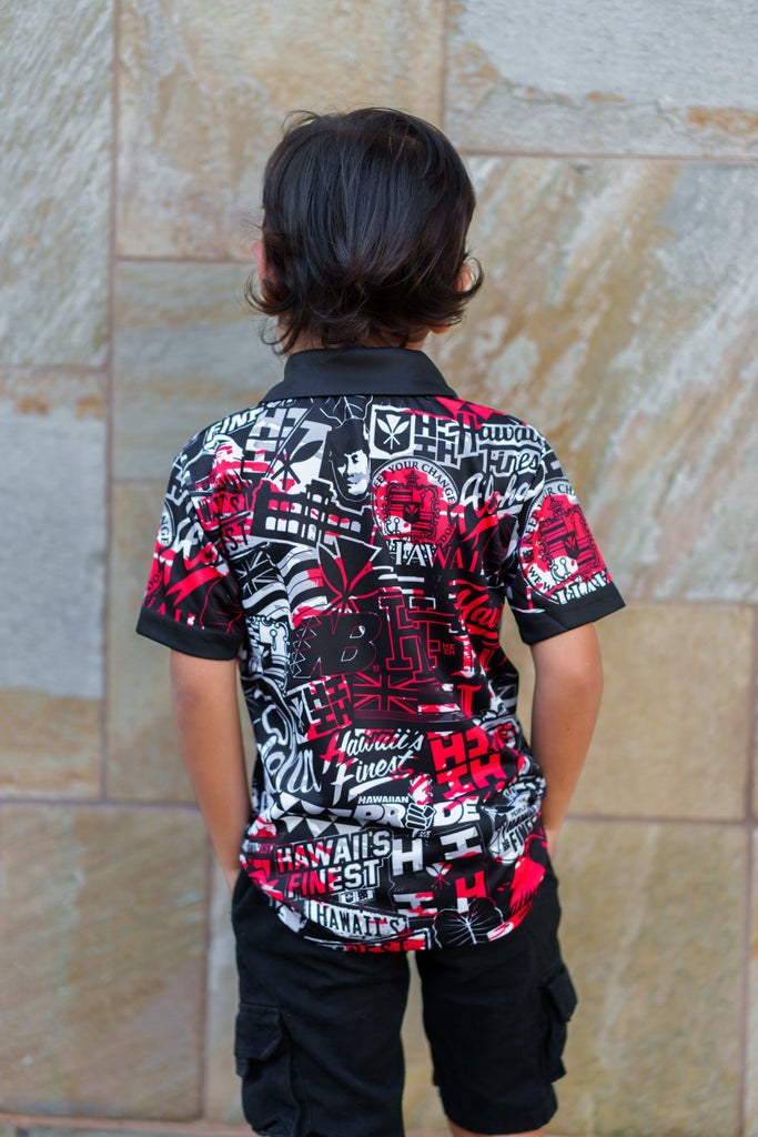 KEIKI RED STICKERBOMB GOLF SHIRT Shirts Hawaii's Finest 